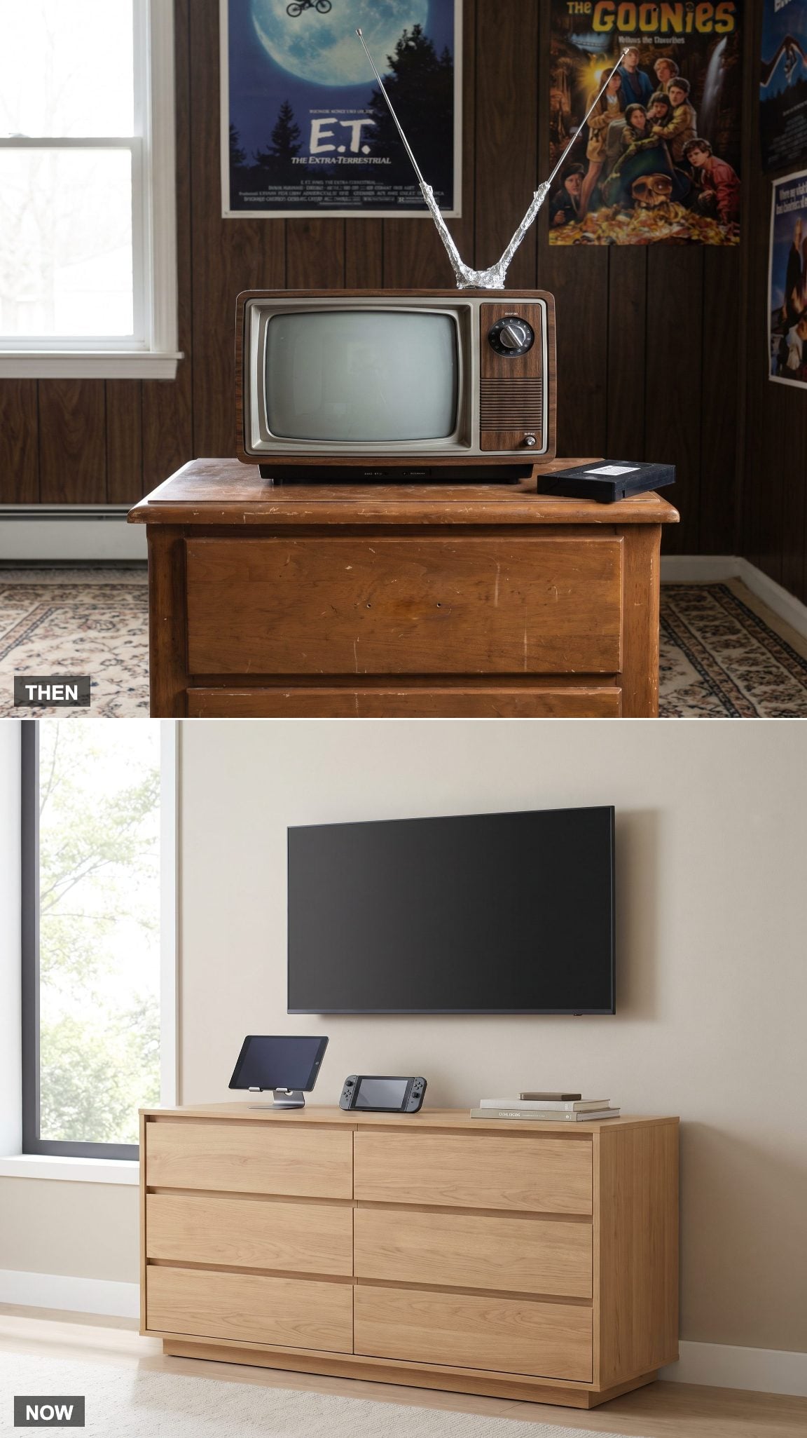 1985: A Tiny TV Was the Ultimate Flex → NOW: Screens Everywhere You Look