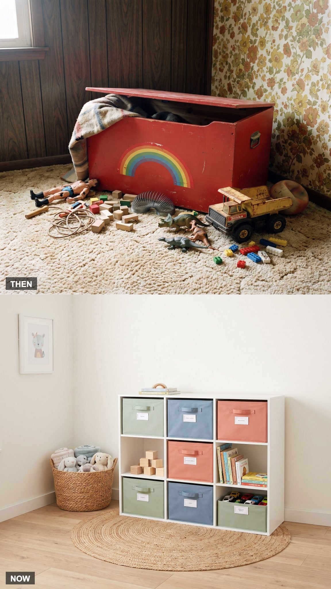 1985: Toy Box Overflowing in the Corner → NOW: Labeled Bins, Cubes, and Low Storage