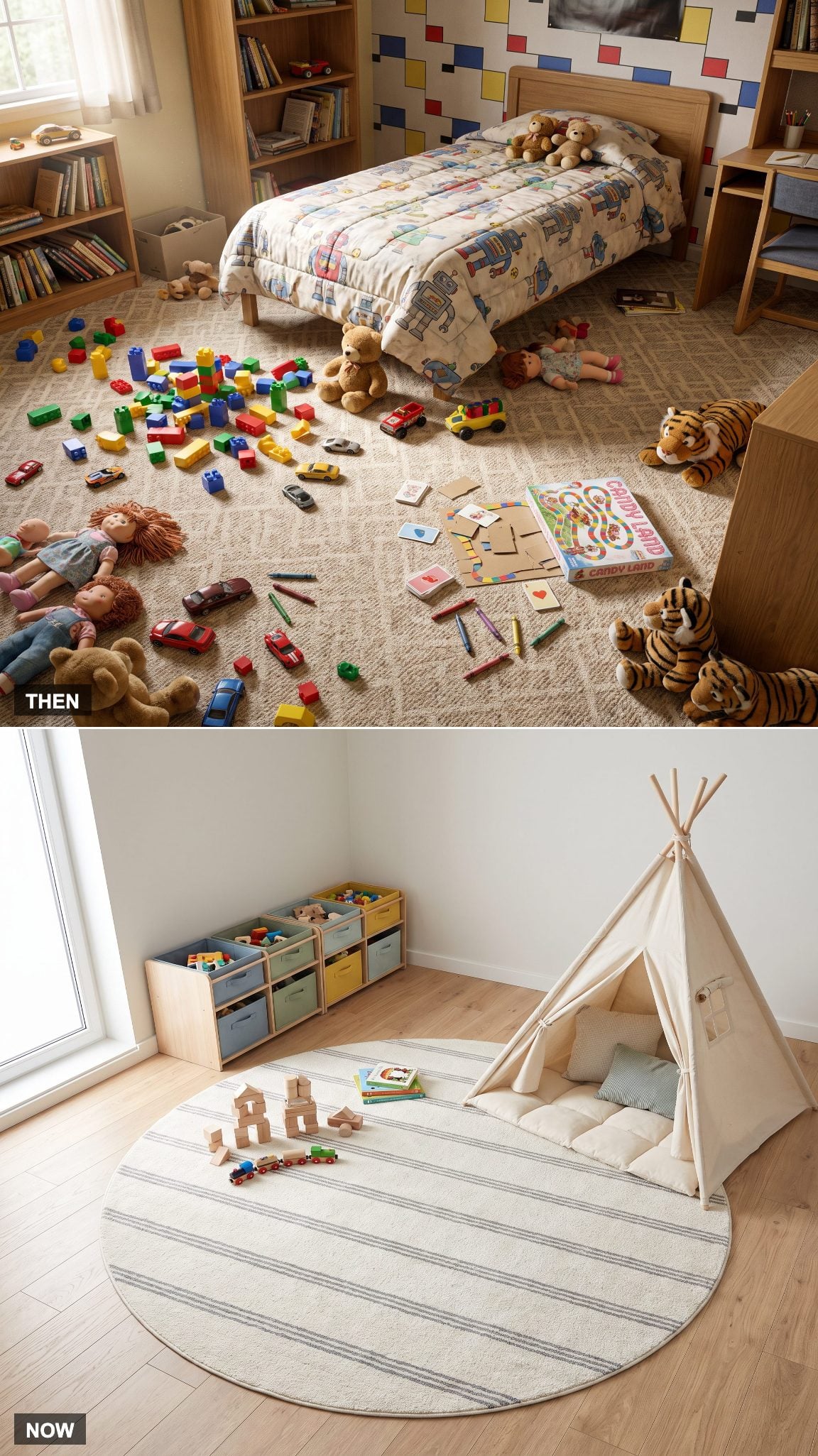 1985: Toys Spread Across the Bedroom Floor → NOW: Defined Play Zone With Dedicated Storage