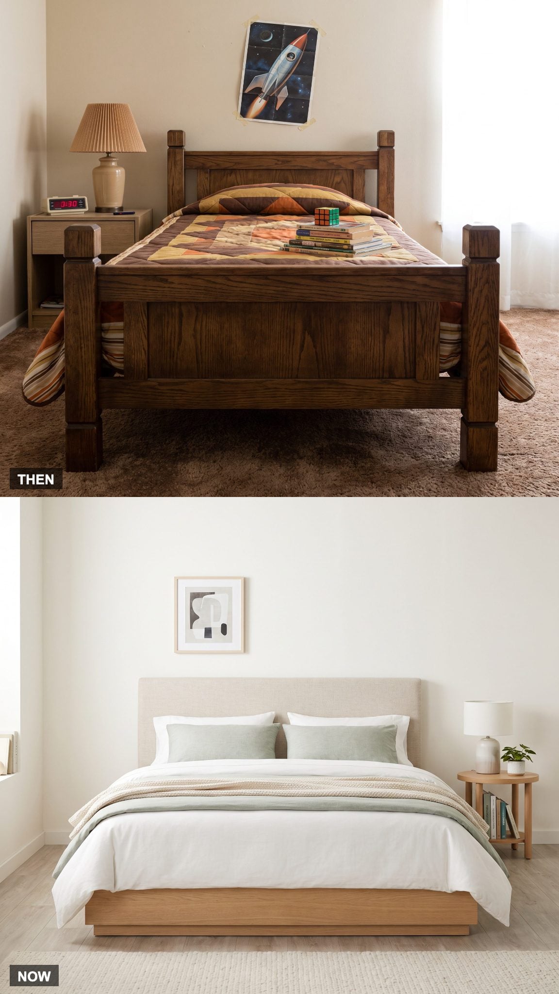 1985: Twin Bed With a Chunky Headboard → NOW: Upholstered, Platform, or Minimal Bed