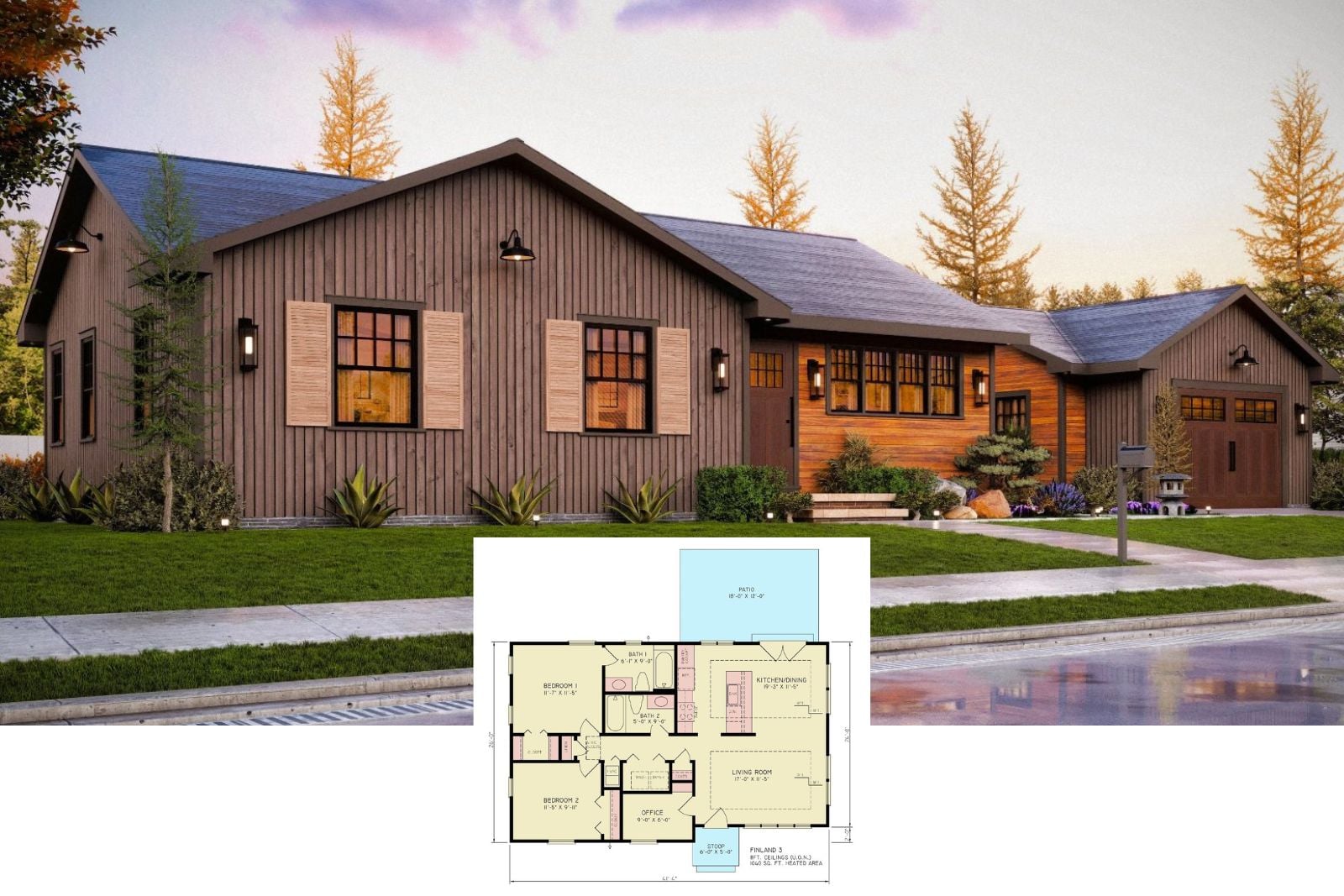 Finland 3 2-Bedroom Cottage-Style Traditional House Plan with Detached Garage Workshop (1,709 Sq. Ft. Floor Plan)