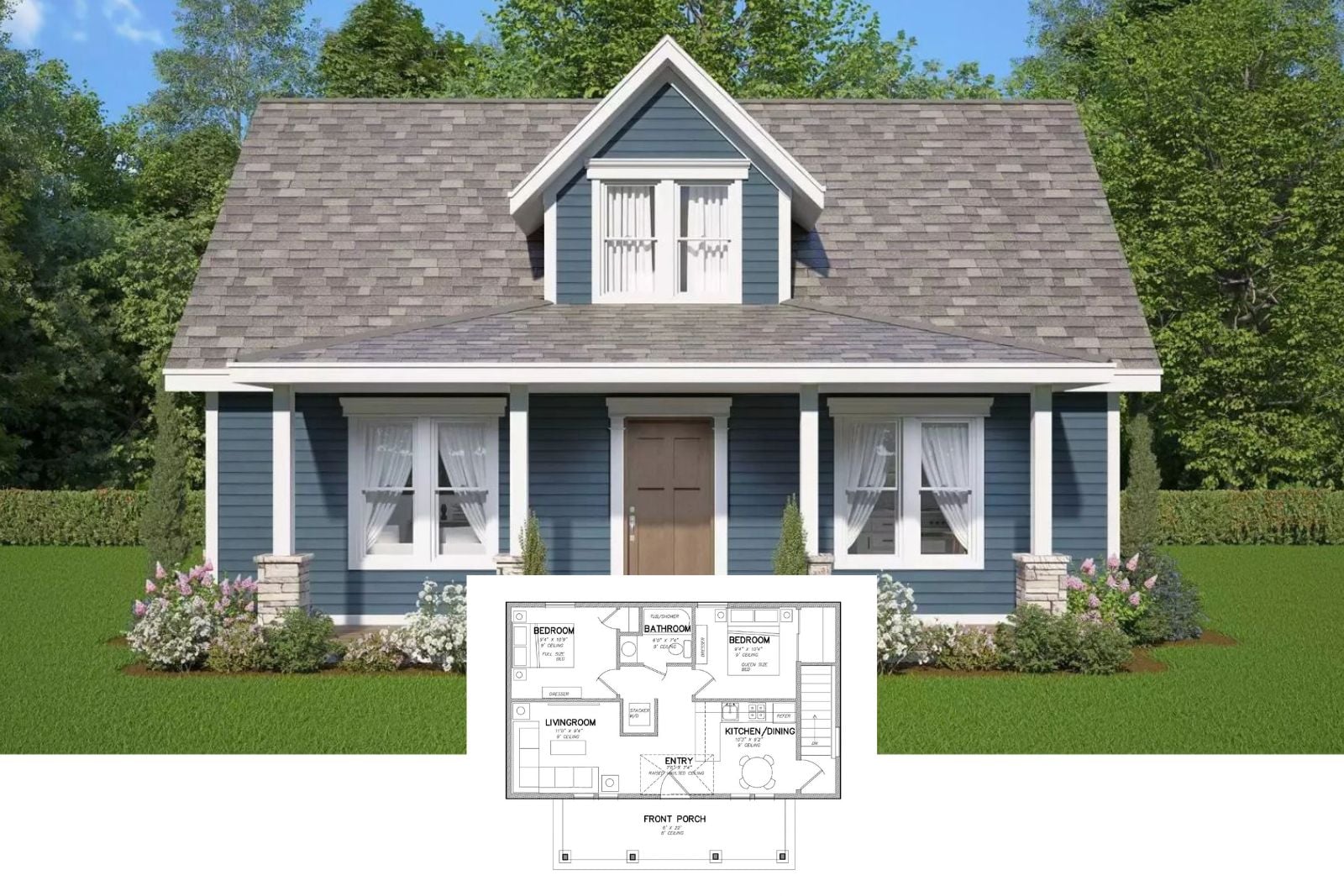 Grassy Hill Road 2-Bedroom Country Cottage House Plan with Front Porch (600 Sq. Ft. Floor Plan)