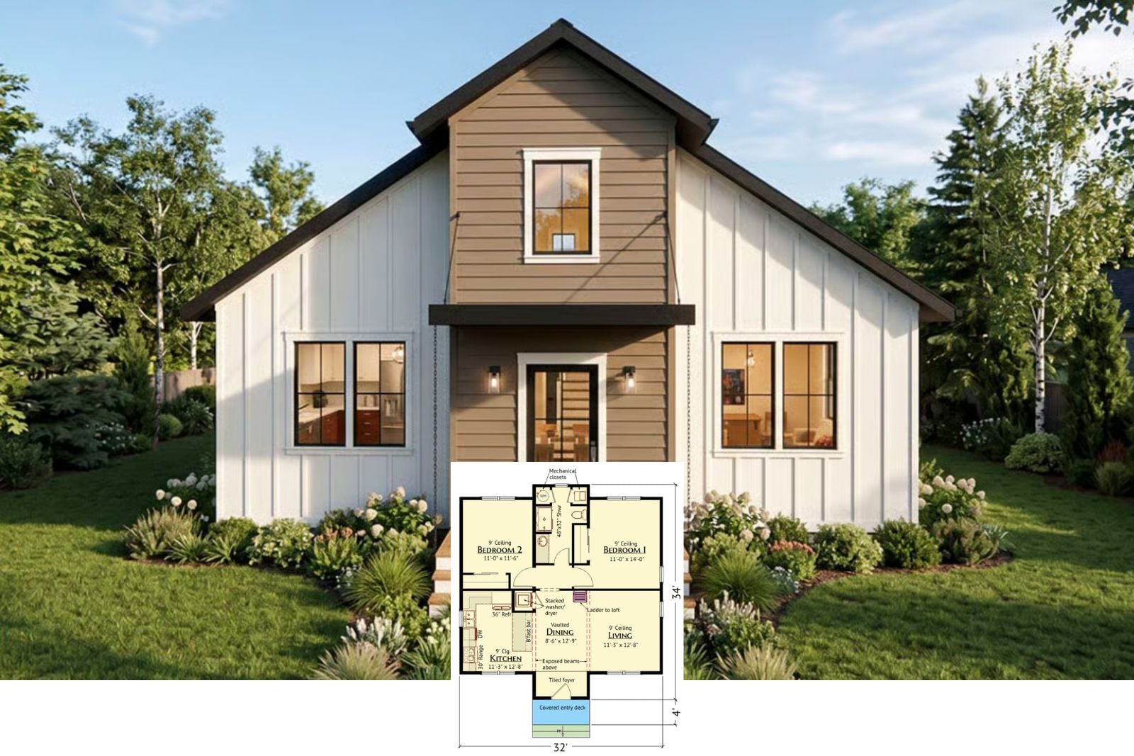 The Marlowe 2-Bedroom Modern Cottage House Plan with Vaulted Loft (1,102 Sq. Ft. Floor Plan)