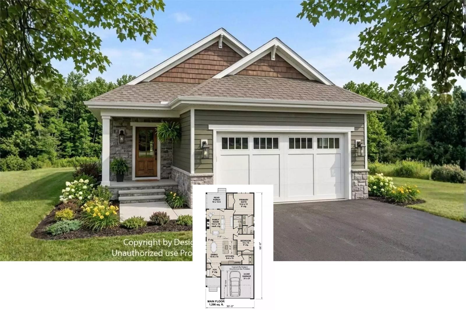 Ravenwood Way 2-Bedroom Ranch House Plan with Open-Concept Living (1,296 Sq. Ft. Floor Plan)