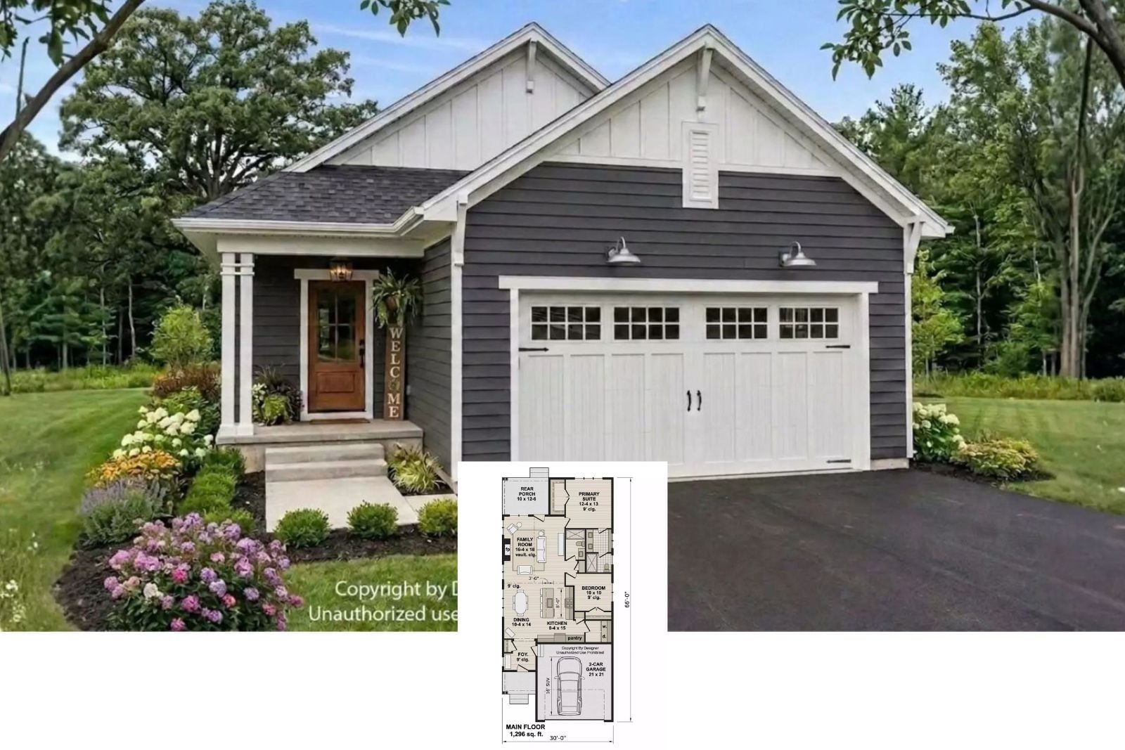 Silverwood Close 2-Bedroom Ranch House Plan with Vaulted Family Room (1,296 Sq. Ft. Floor Plan)