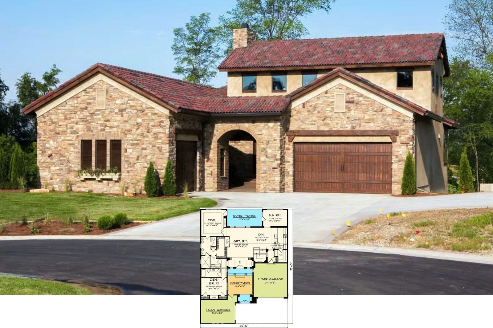 Umbria 2-Bedroom Tuscan House Plan with Courtyard (2,067 Sq. Ft. Floor Plan)