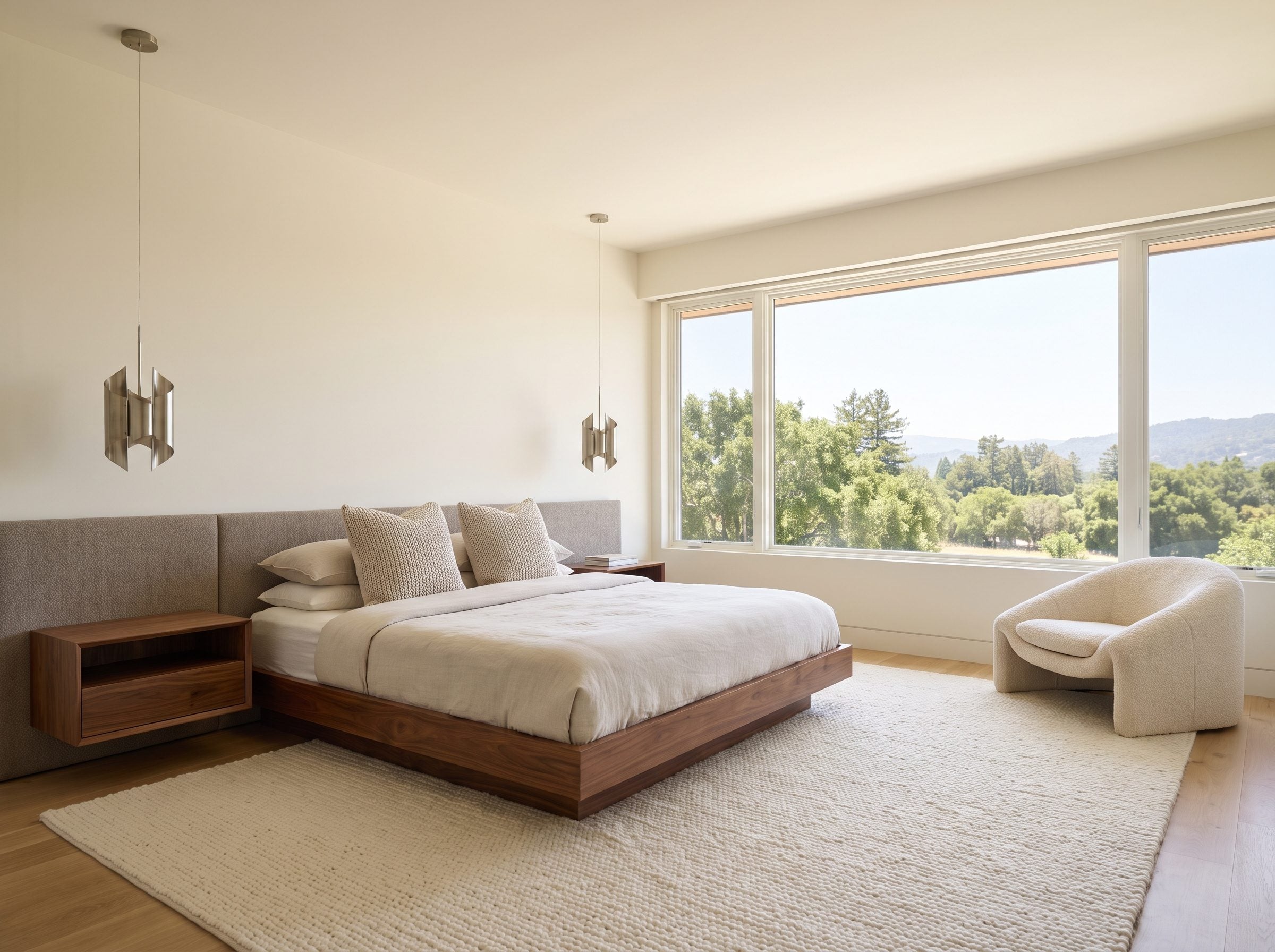 Contemporary bedroom with a low walnut platform bed centered under a wide horizontal window, the slim headboard sitting