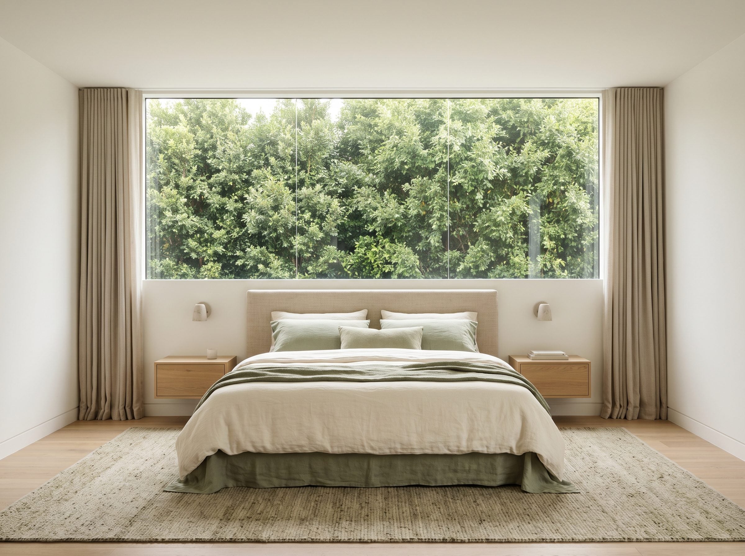 Bedroom with a king bed and low linen headboard set beneath a wide picture window that shows green foliage above the bed.