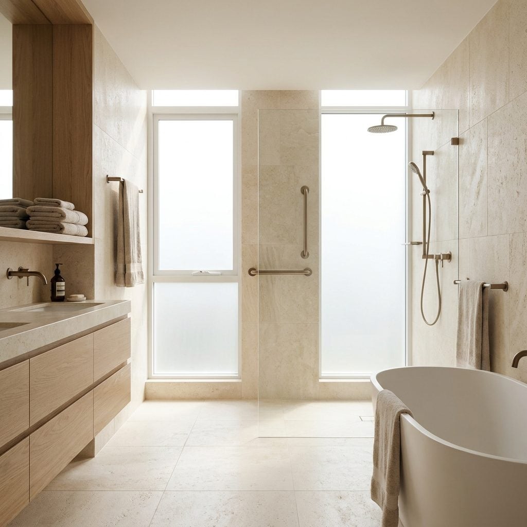 Accessible modern bathroom with curbless shower and integrated support rail