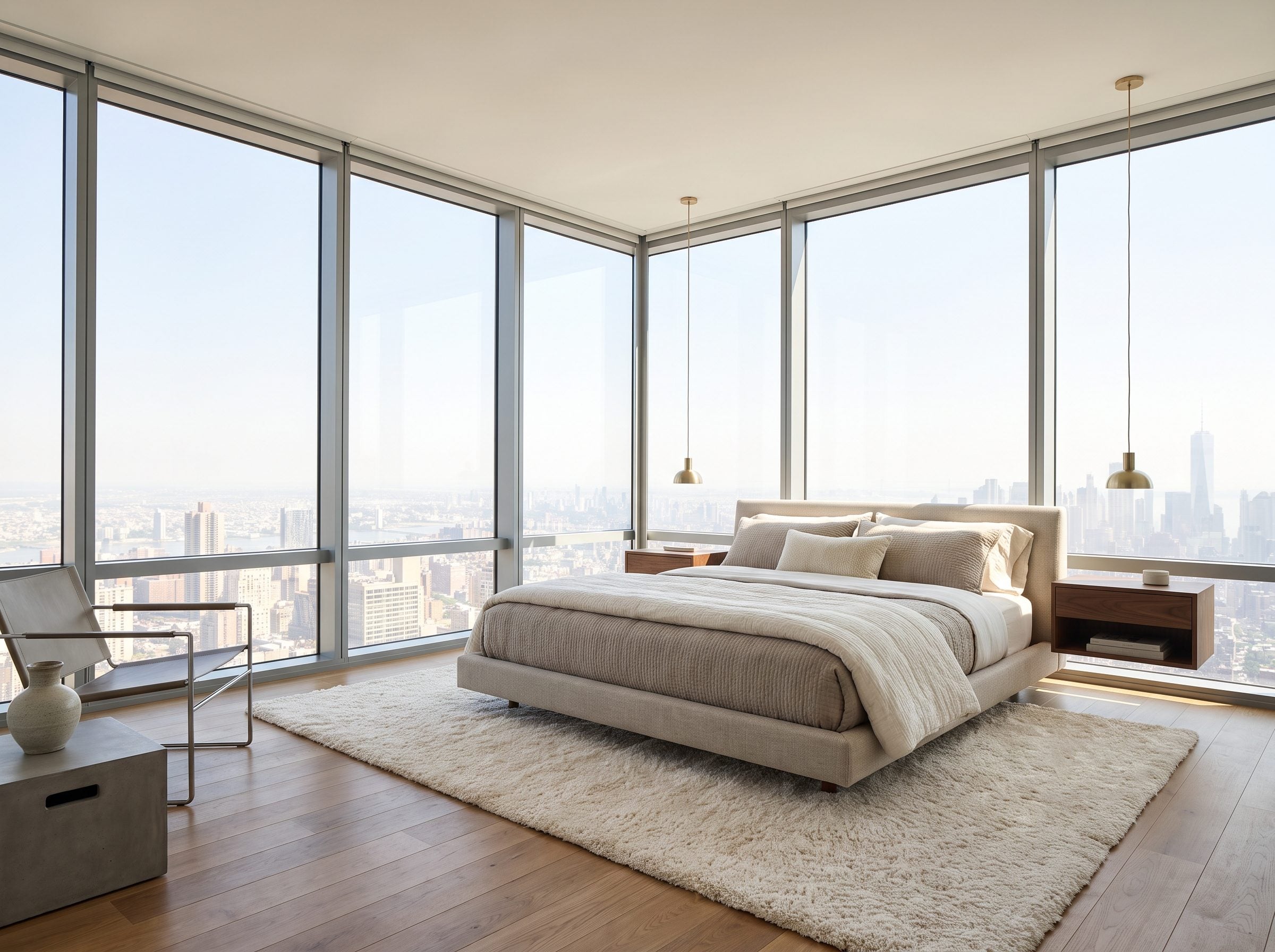 Contemporary bedroom with a low upholstered bed set into a corner where two window walls meet behind and beside the