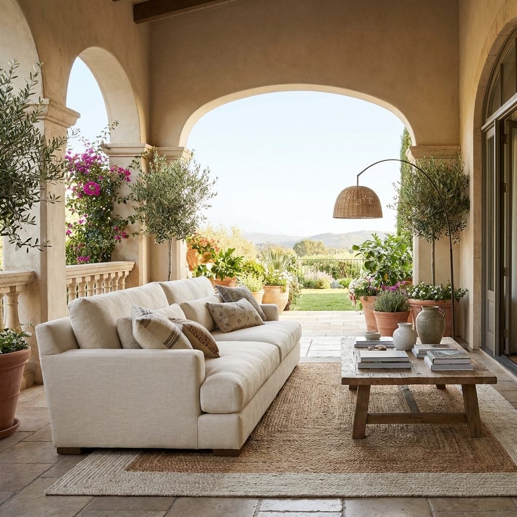 Covered outdoor living room connected to a modern home