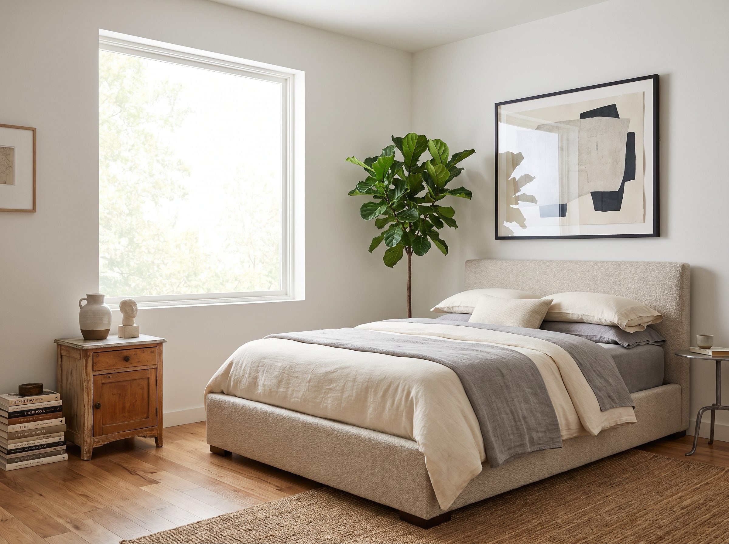 Bedroom with a queen bed against a wall where the window sits off-center to the right, a floor lamp on the left, and