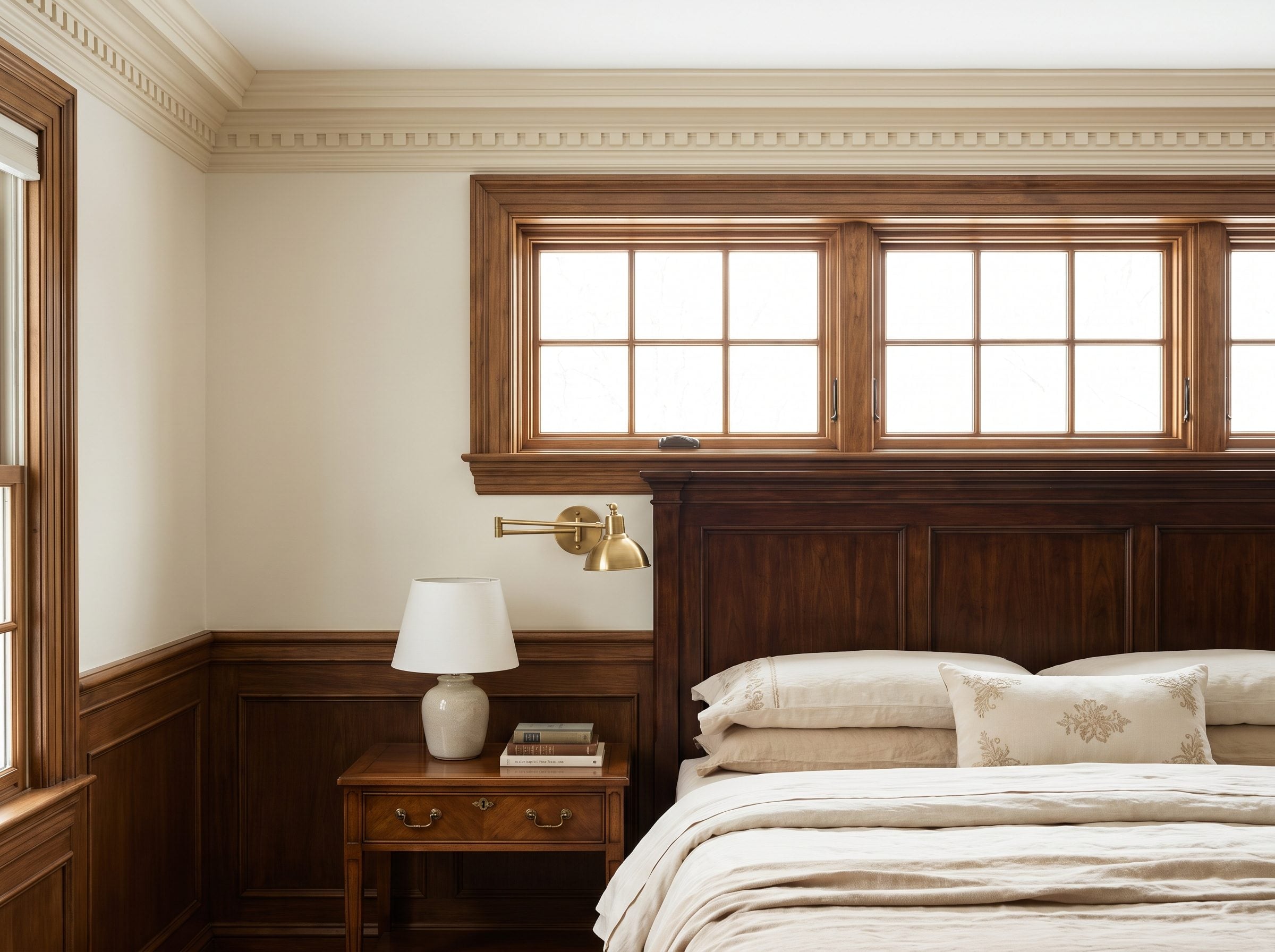 Bedroom with a king bed centered under a window, panel molding wrapping the window and continuing into aligned panels around