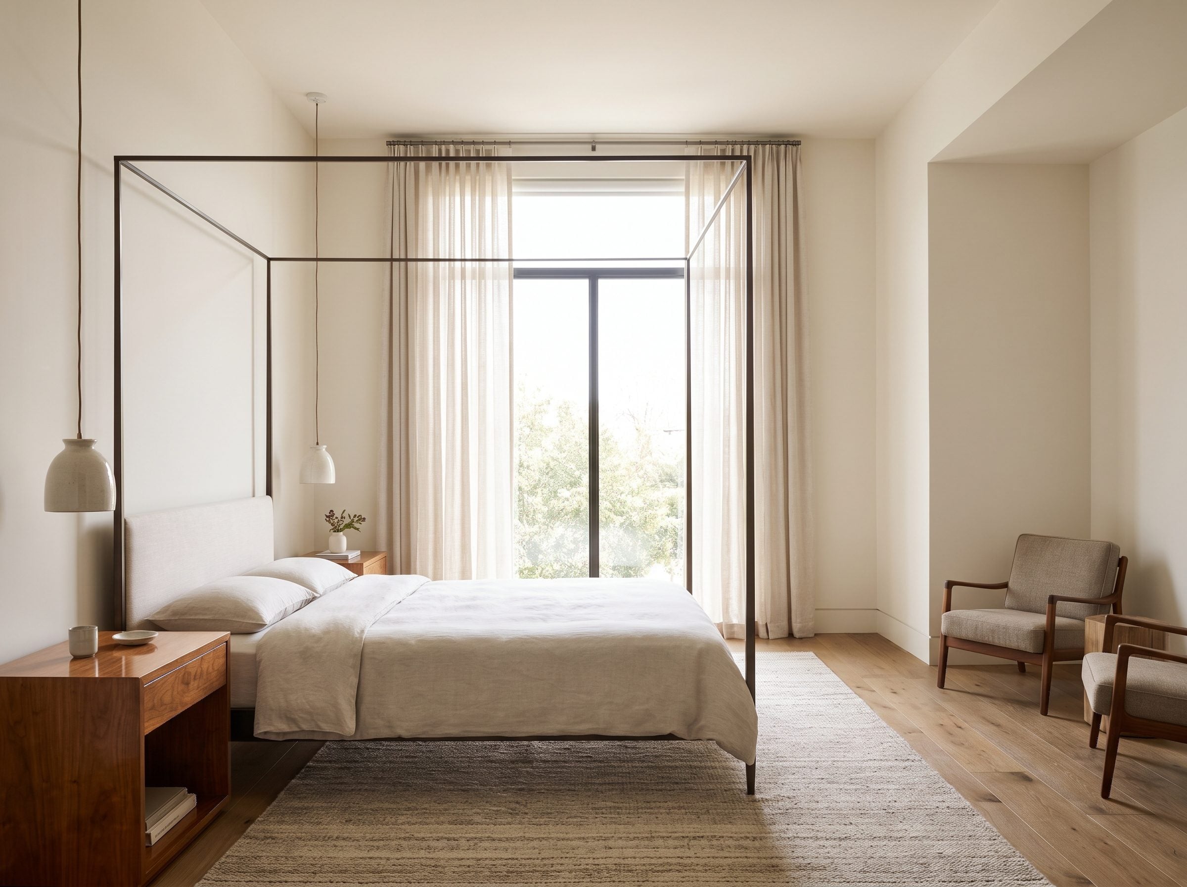 Bedroom with a slim four-poster canopy bed beneath an 84-inch window, its low headboard stopping below the sill and the