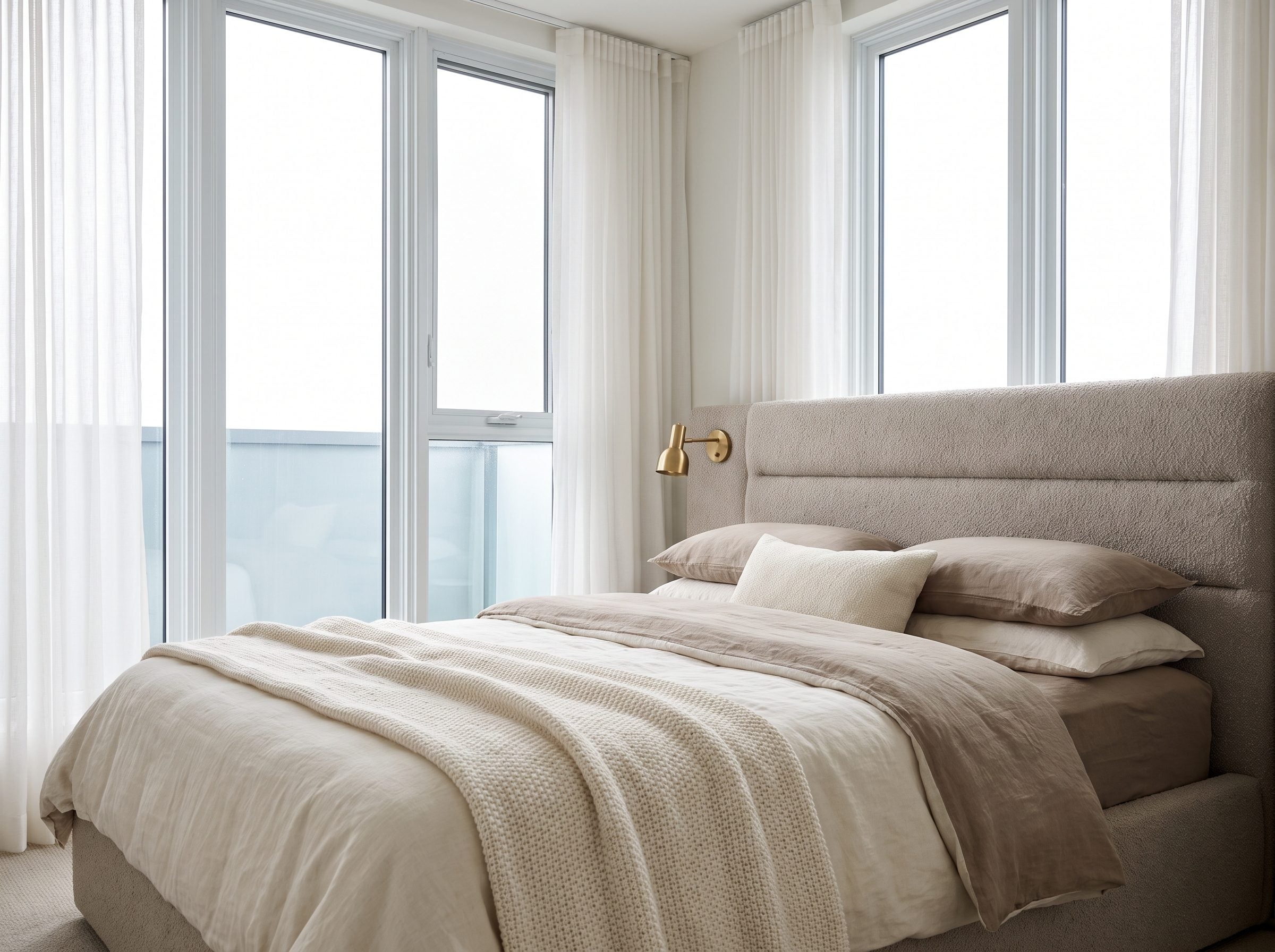 Bedroom with an upholstered queen bed centered under a wide window, the linen headboard rising about fourteen inches and the