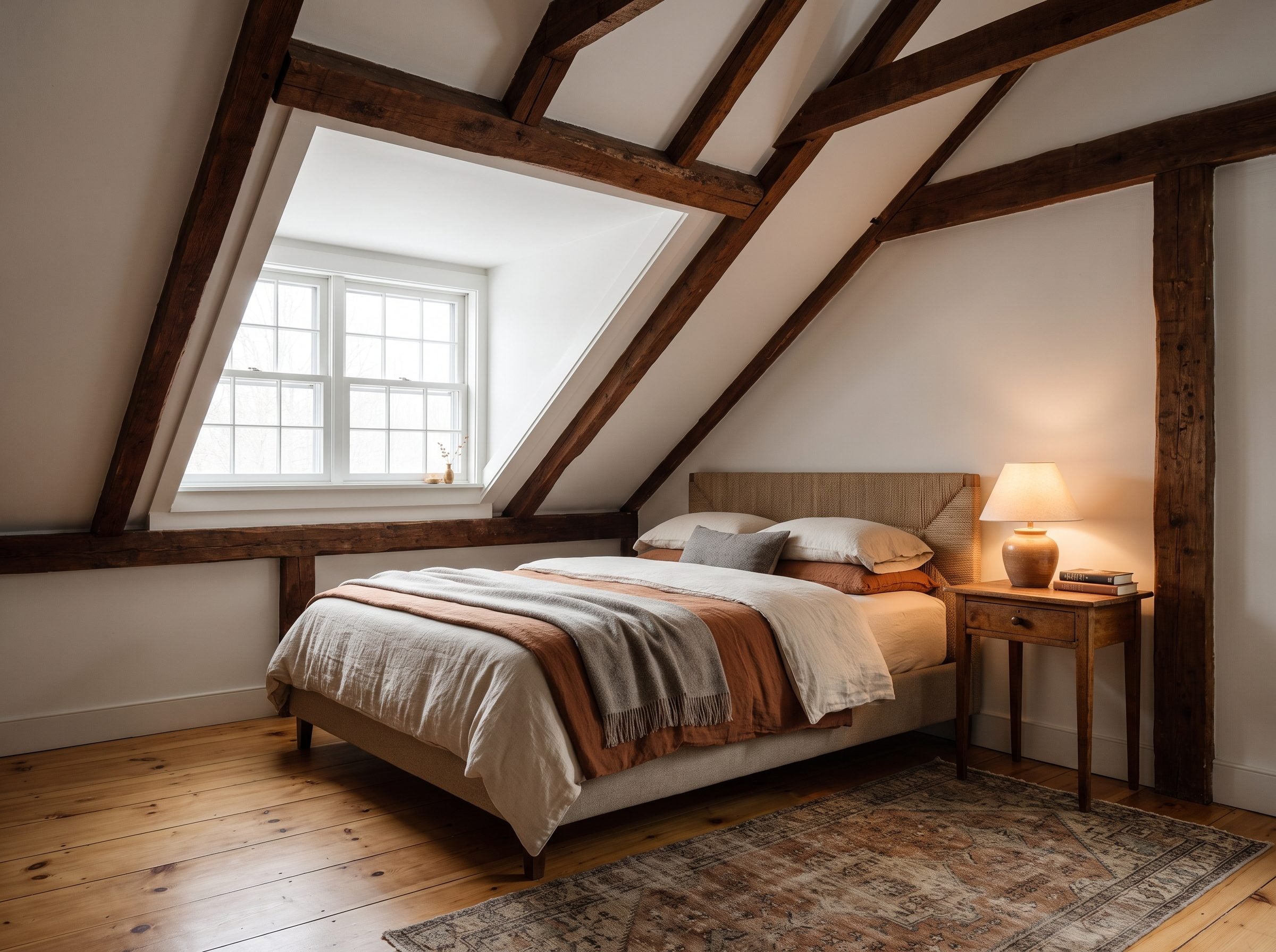 Attic bedroom with a low-headboard queen bed centered against the gable wall directly under a centered window, knee walls
