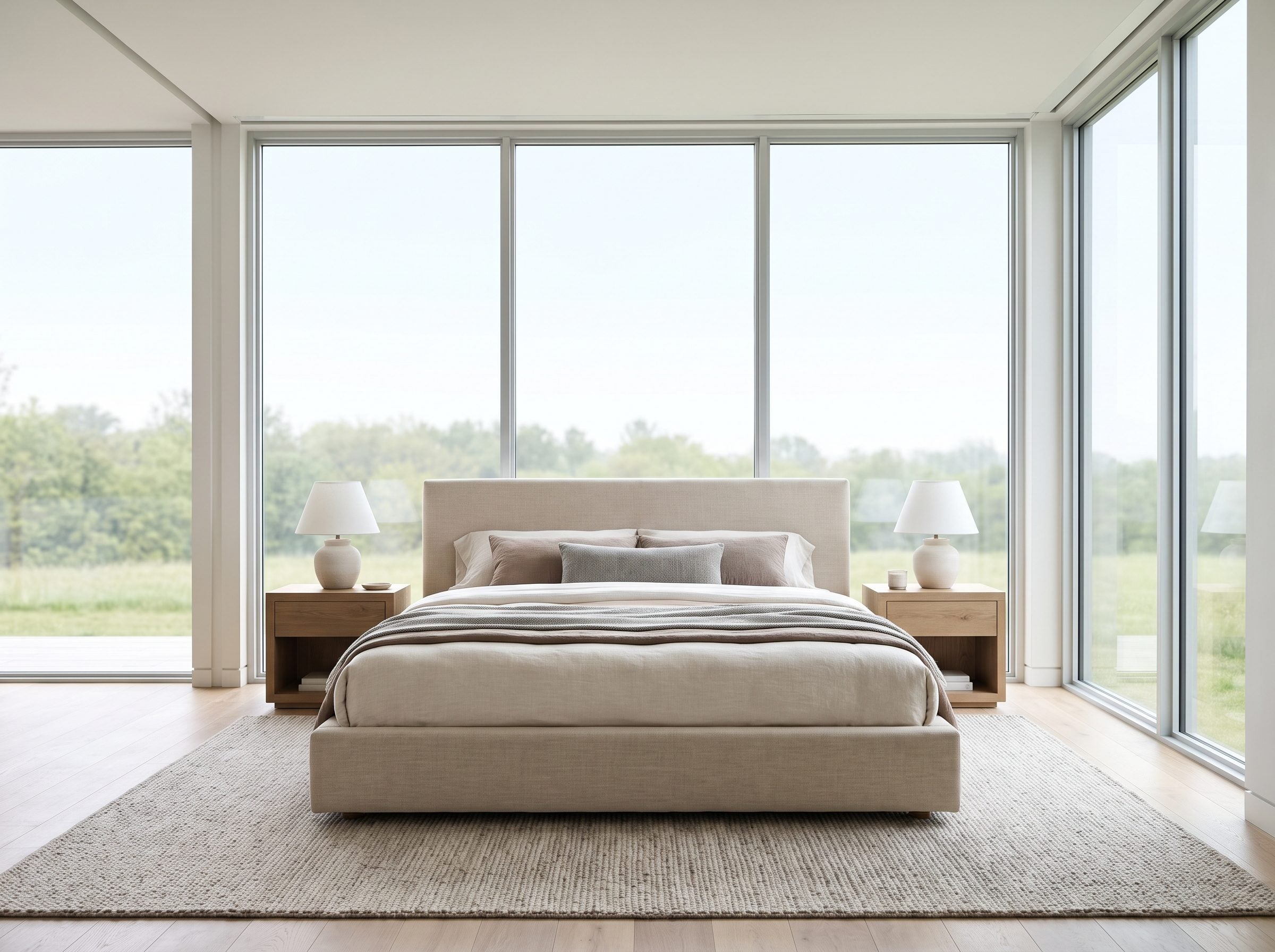 Contemporary bedroom with a king bed and low headboard centered beneath a ten-foot-wide horizontal picture window, curtains