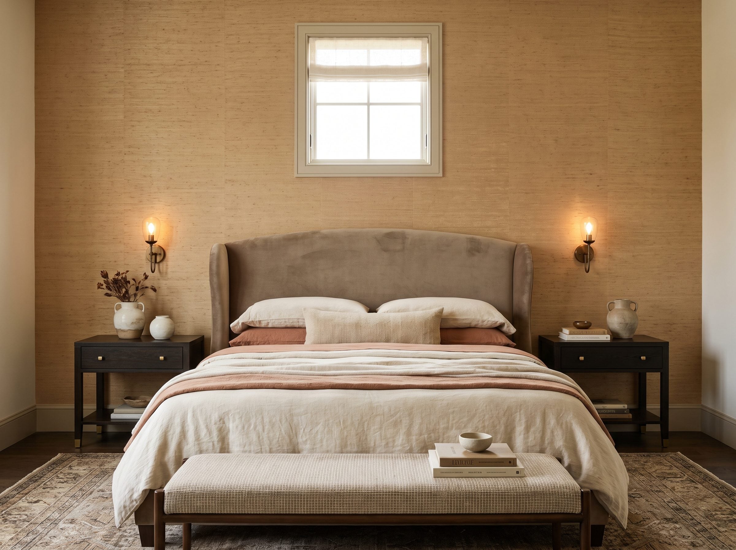 Bedroom with a curved cream headboard stopping about eight inches below a small square window set high above the bed.