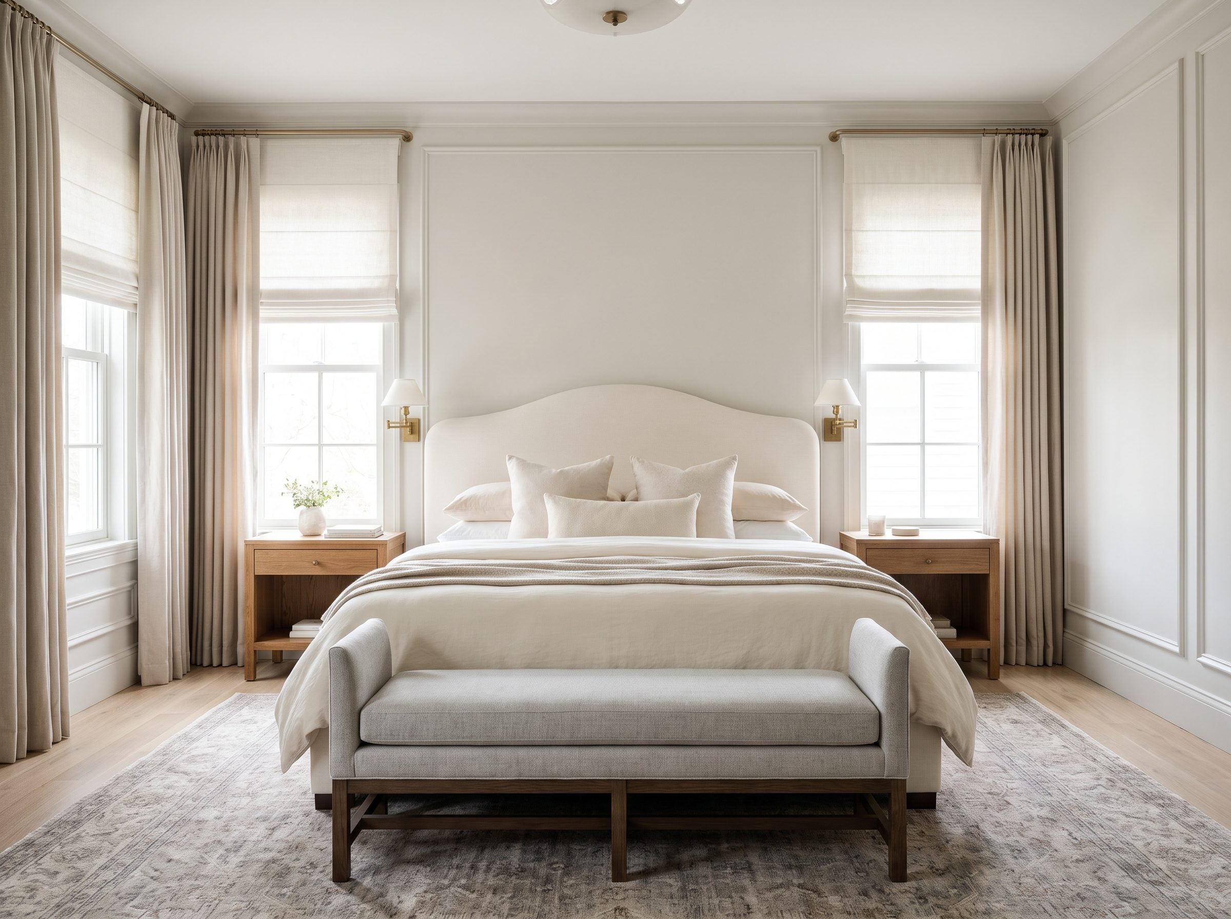 Bedroom with a king bed centered between two matching windows, the curved headboard filling the wall section between them