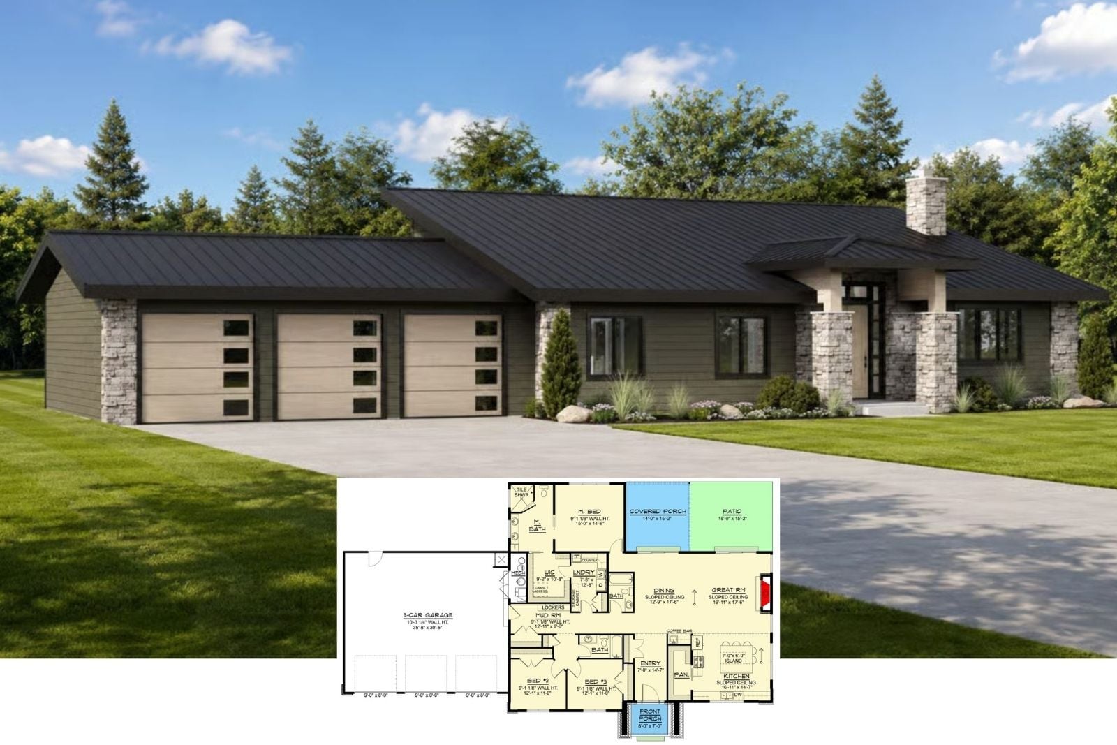 Slatewind 3-Bedroom Contemporary Ranch House Plan with 3-Car Garage (2,342 Sq. Ft. Floor Plan)