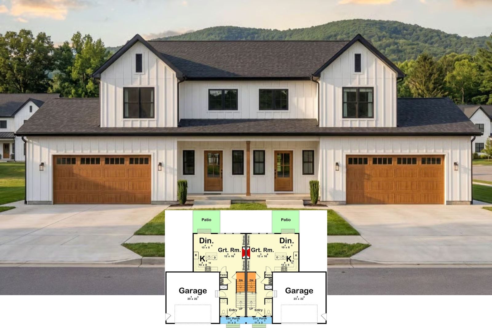 The Mountainview 3-Bedroom Modern Farmhouse Duplex Layout with Finished Basement (2,984 Sq. Ft. Floor Plan)