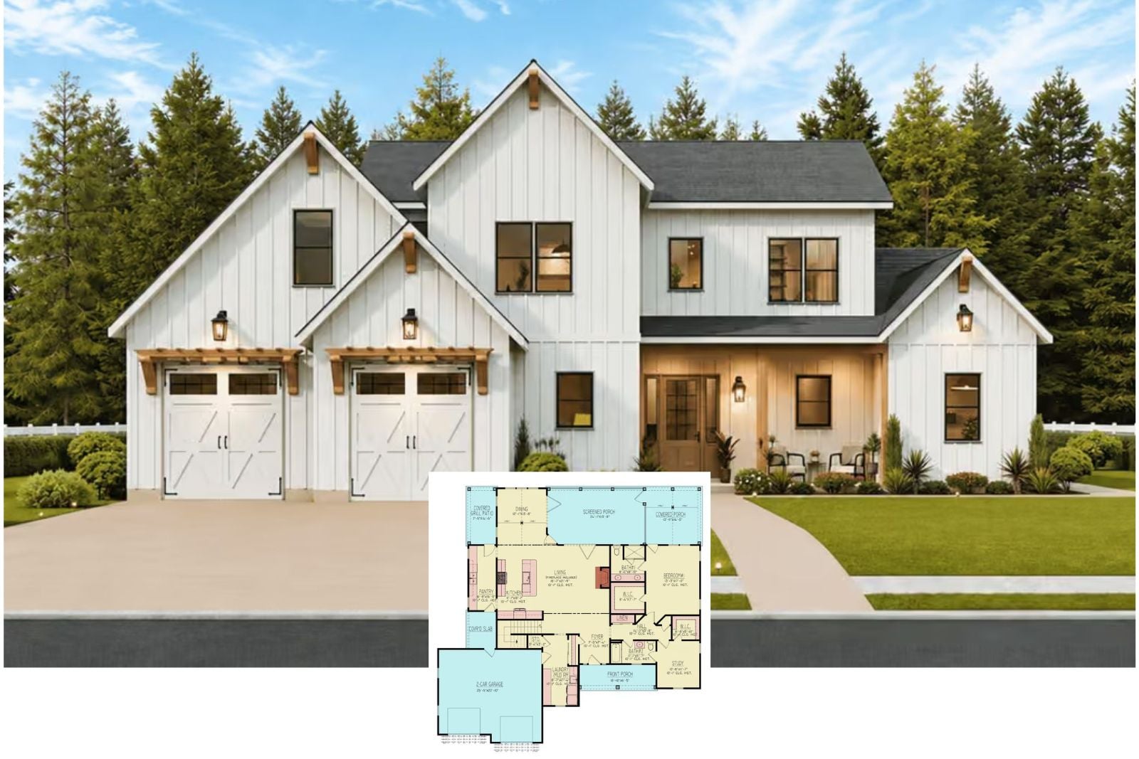 Cedarbracket 3-Bedroom Modern Farmhouse Layout with Screened Porch (2,766 Sq. Ft. Floor Plan)