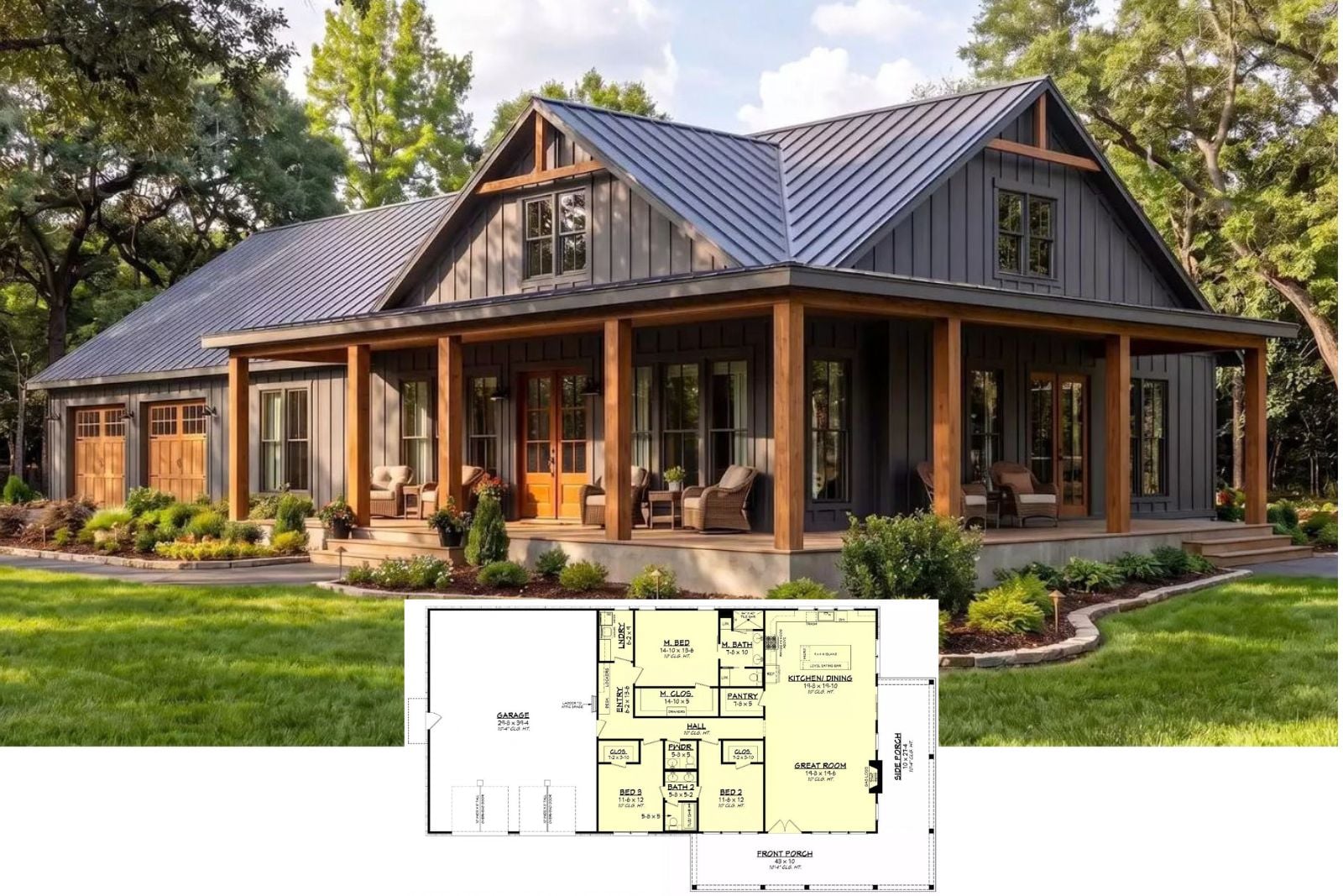 Sully Creek 3-Bedroom Barndominium House Plan with Wraparound Porch (2,000 Sq. Ft. Floor Plan)