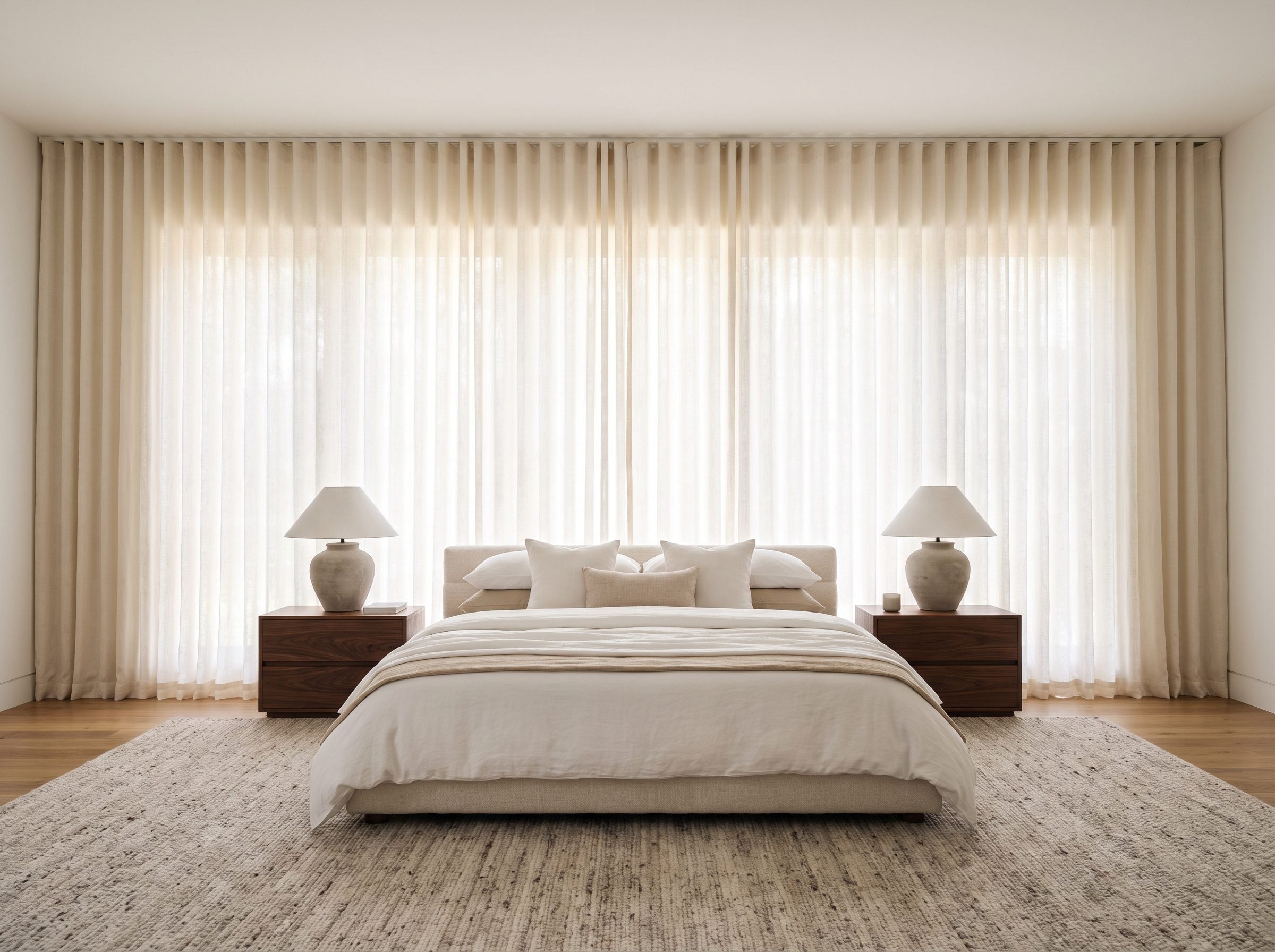 Bedroom with a low upholstered bed under a window behind a full-width ceiling-mounted curtain wall drawn partly open at the