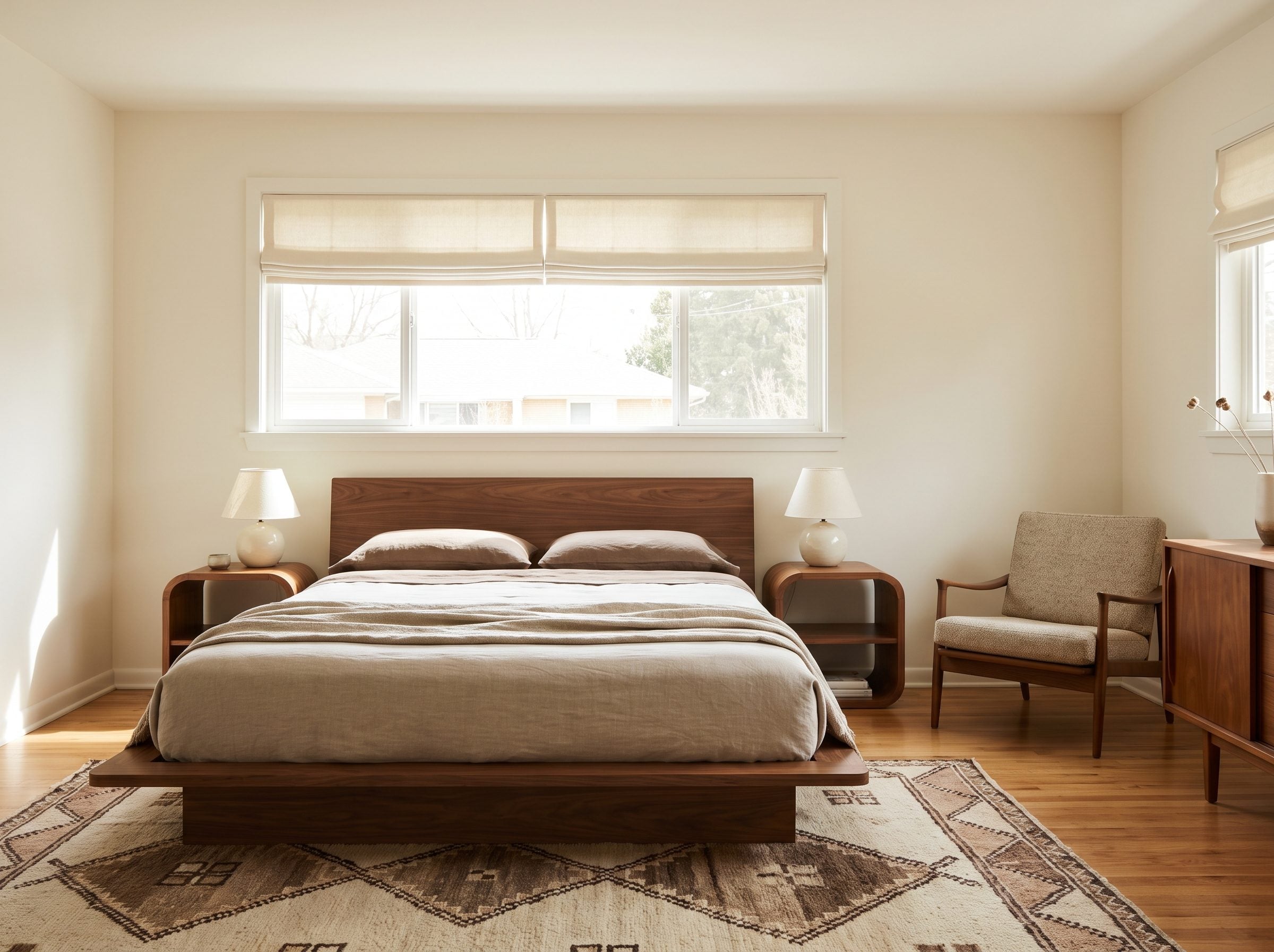 Mid-century bedroom with a low walnut platform bed centered under a wide window whose sill sits about a foot above the
