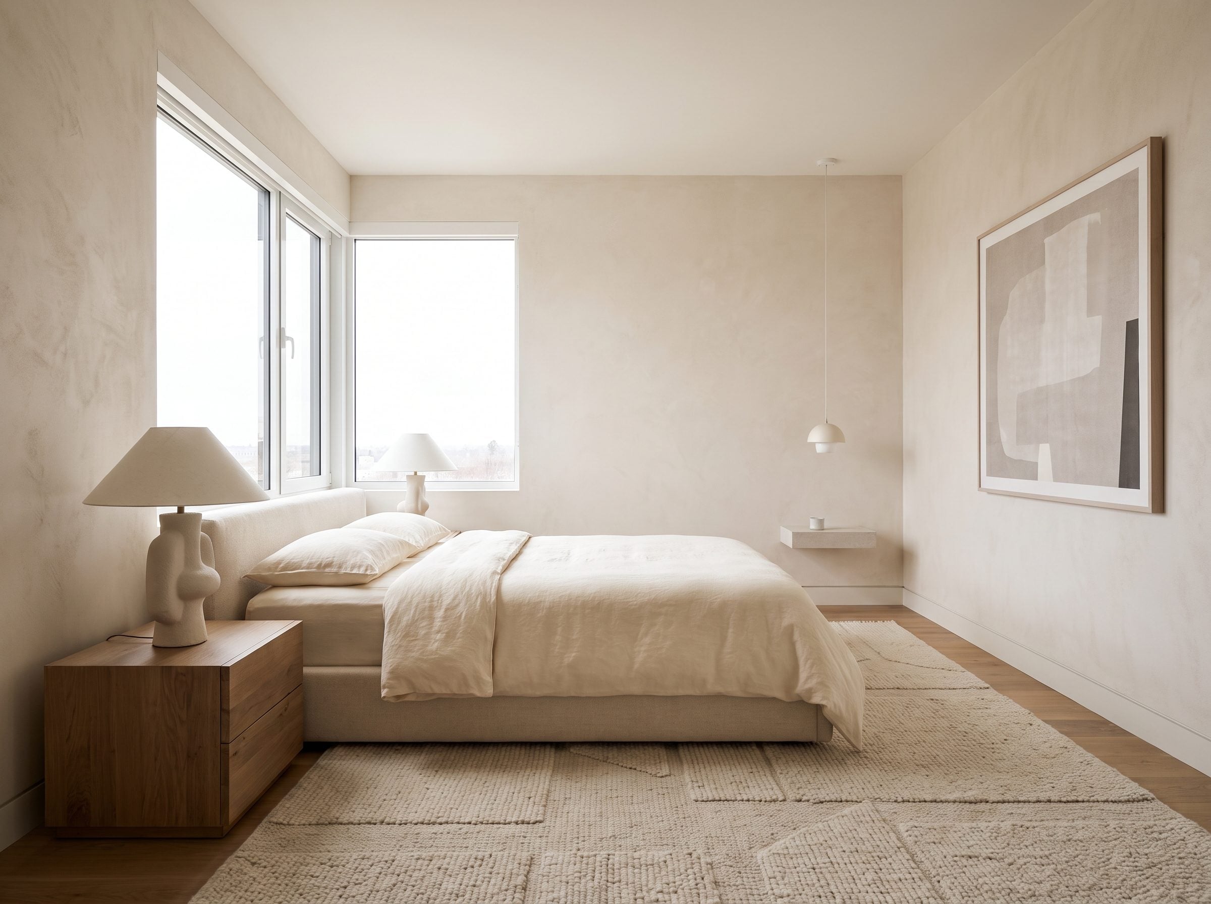 Soft contemporary bedroom with the bed set about six inches off the center of the window, a wide nightstand on the left and