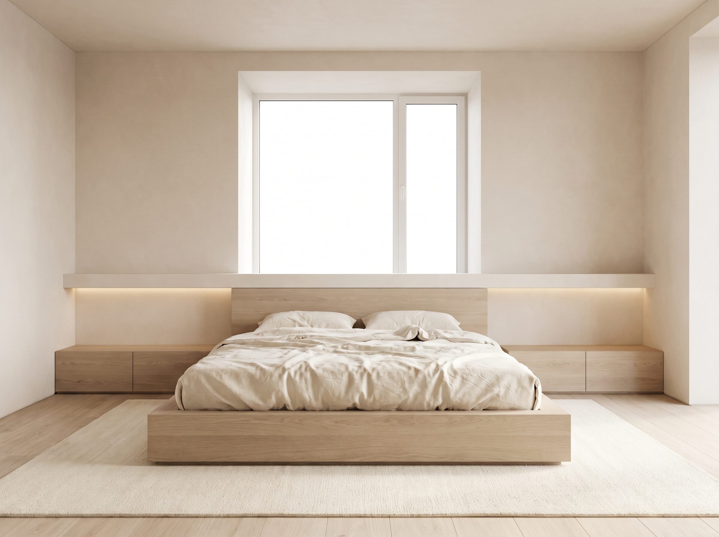 Bedroom with a low bed under a recessed window and a white oak ledge running across the wall a few inches above the