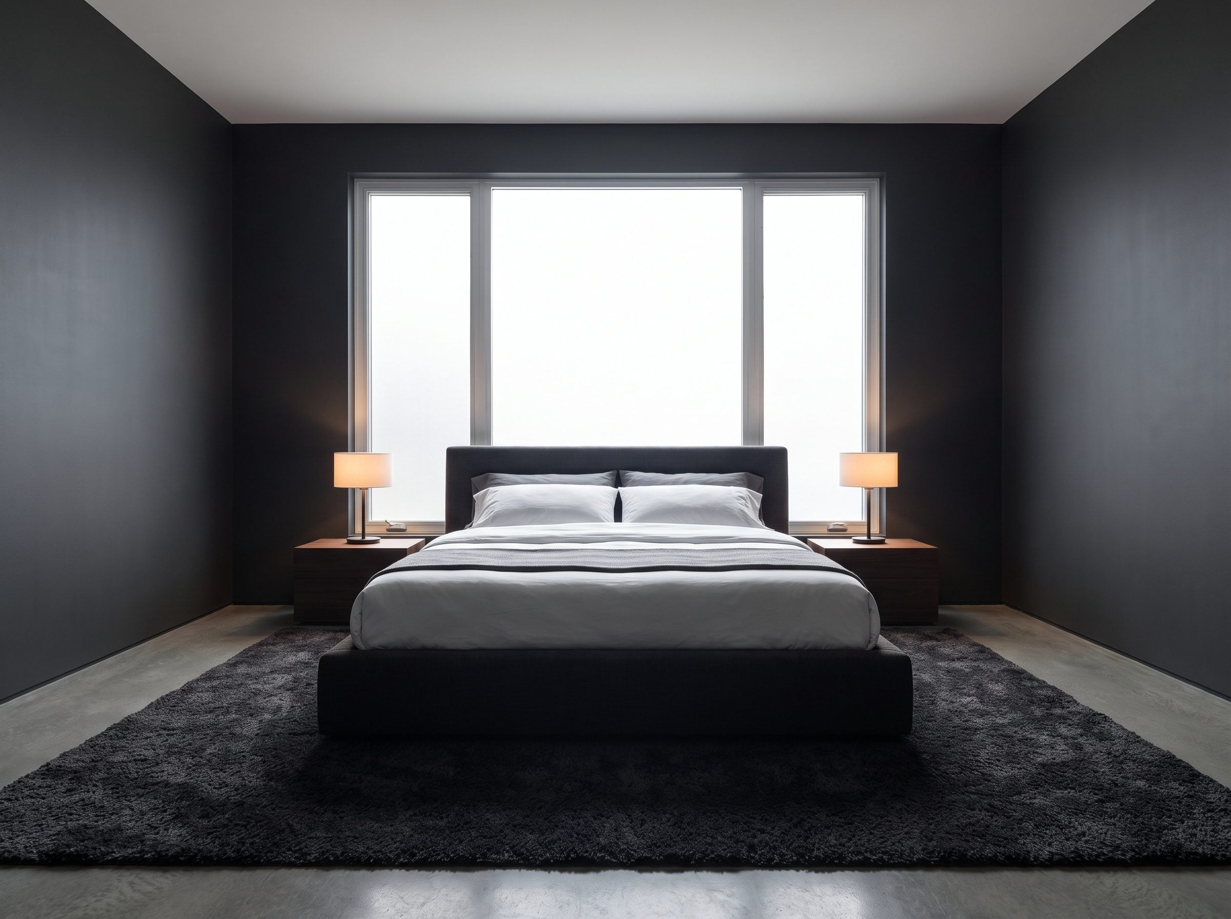 Bedroom with chocolate walls and a low bed set directly under a four-foot window, walnut nightstands and bronze lamps on