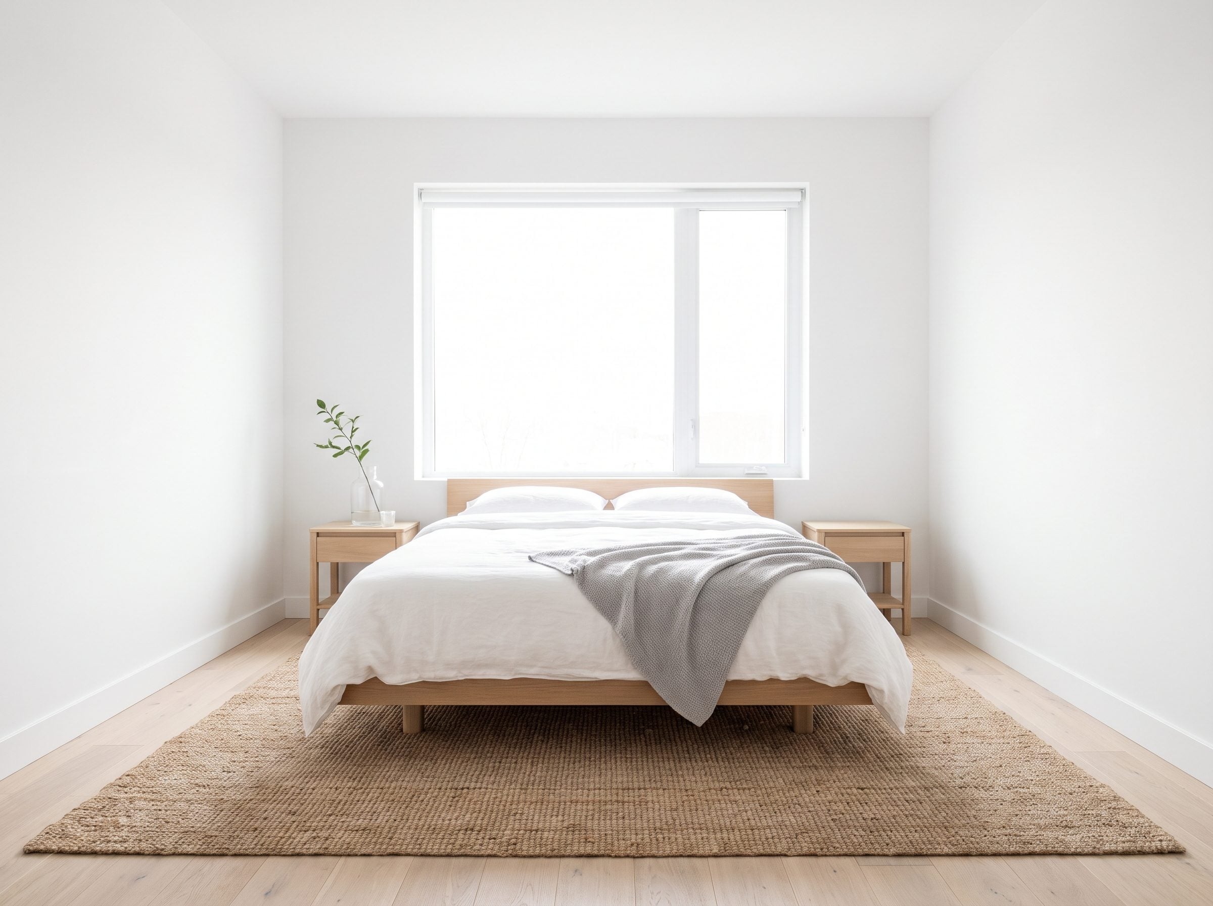Scandinavian bedroom with a low oak bed centered beneath a five-foot window and a raised white roller shade.