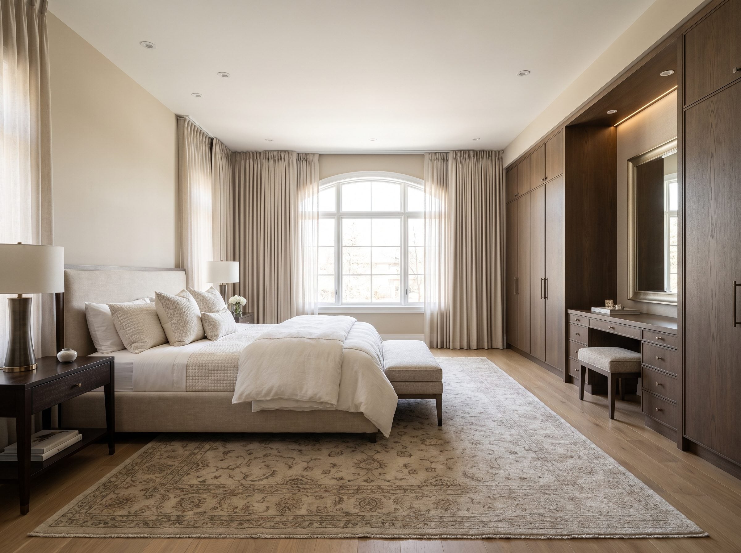 Primary bedroom with a king bed centered under a window and a full ten-foot wall of wardrobes and a dresser on the left side.