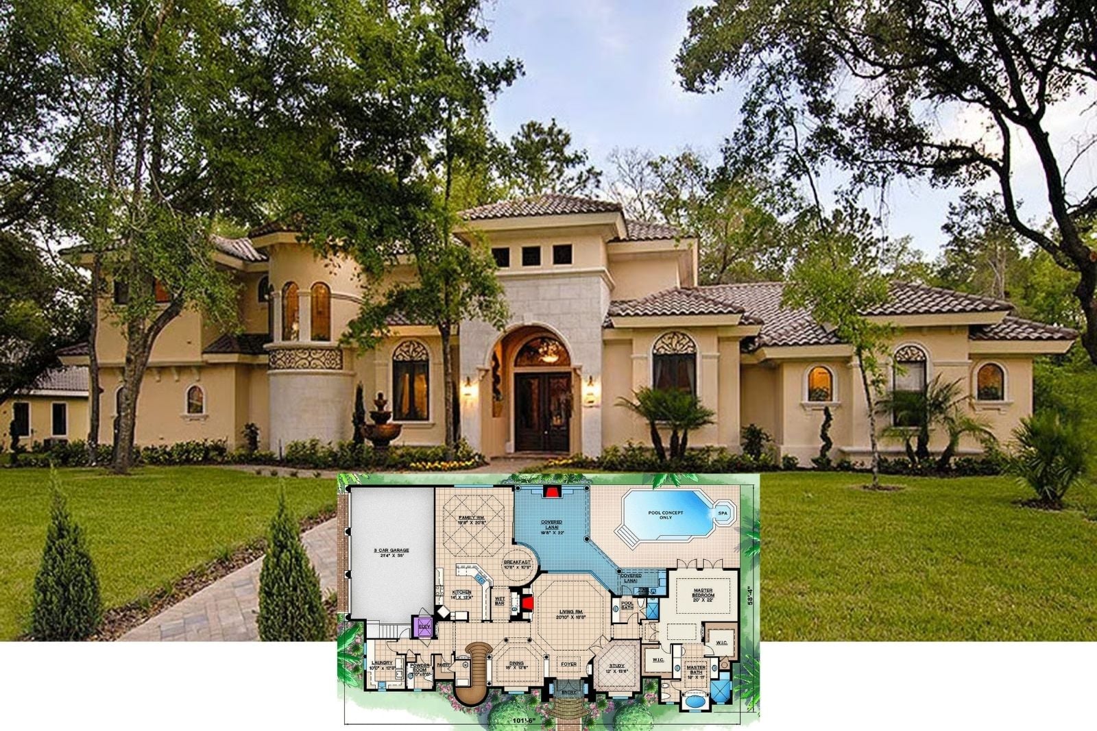 Casa del Sol 4-Bedroom Mediterranean House Plan with Covered Lanai (4,669 Sq. Ft. Floor Plan)