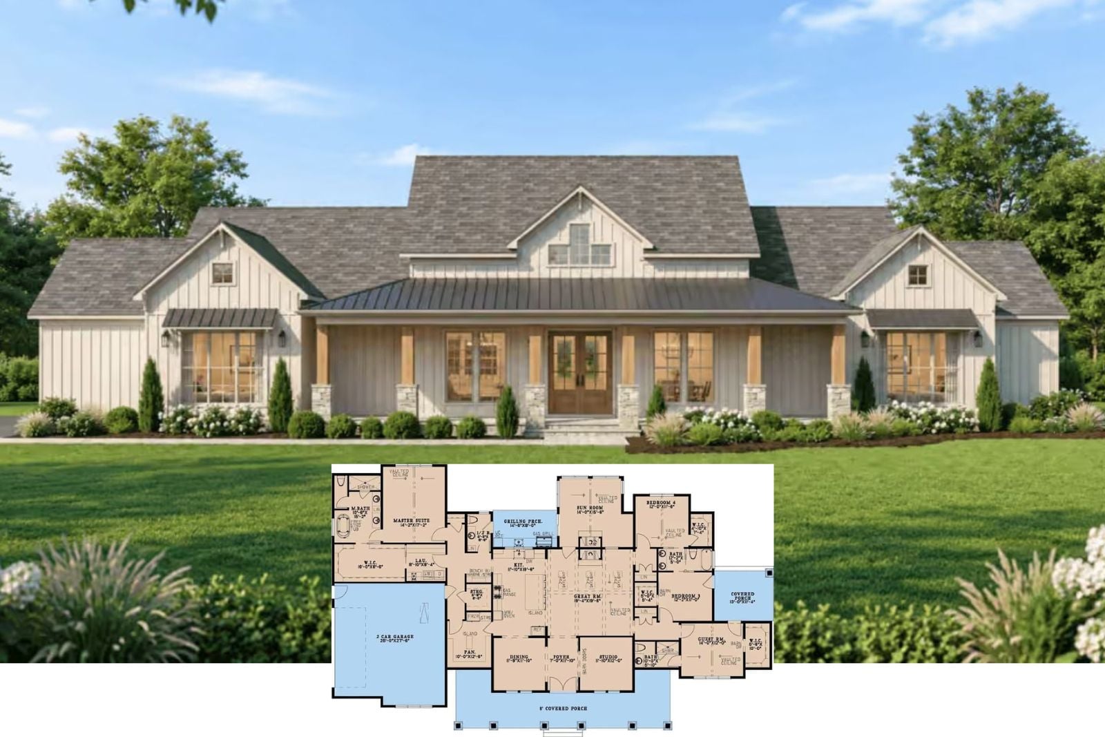 The Even Keel 4-Bedroom Modern Farmhouse Layout with Covered Porch (3,233 Sq. Ft. Floor Plan)