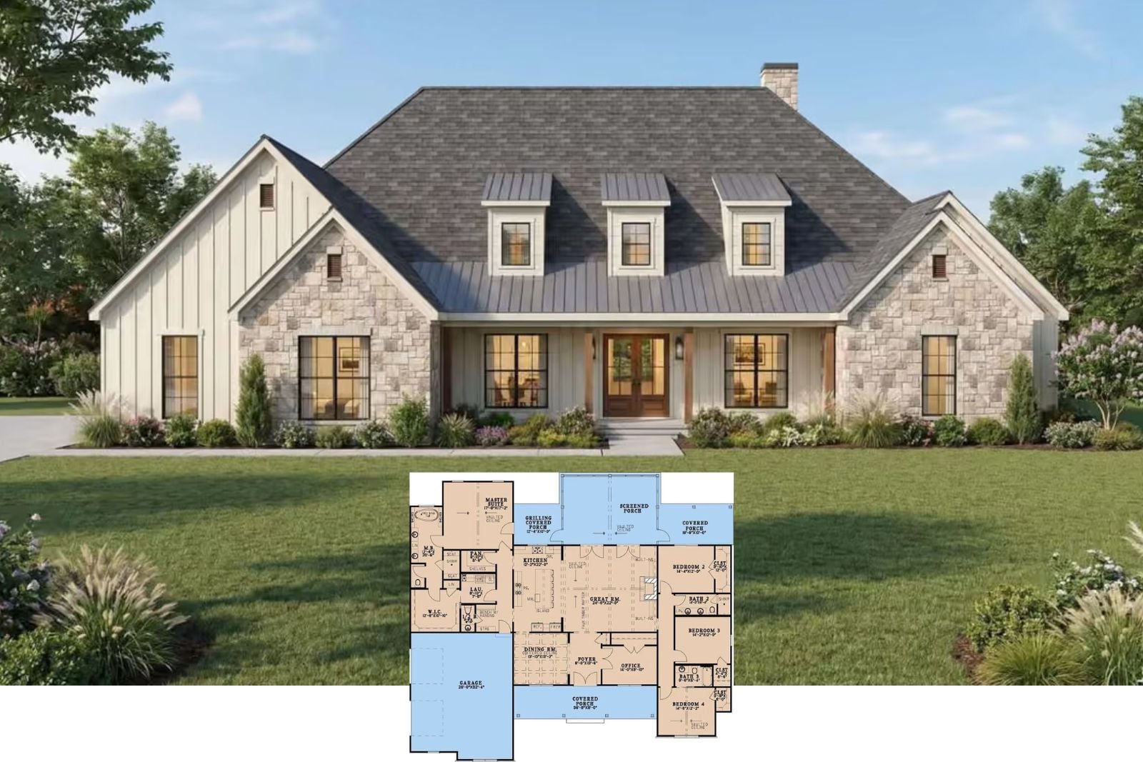 The Grovemont 4-Bedroom Modern Farmhouse Layout with Screened Porch (3,236 Sq. Ft. Floor Plan)