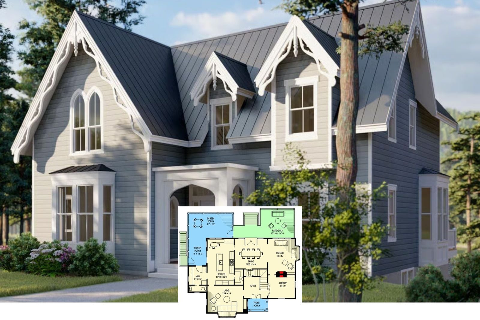 The Lancet 4-Bedroom Victorian Cottage House Plan with Screened Porch (2,895 Sq. Ft. Floor Plan)