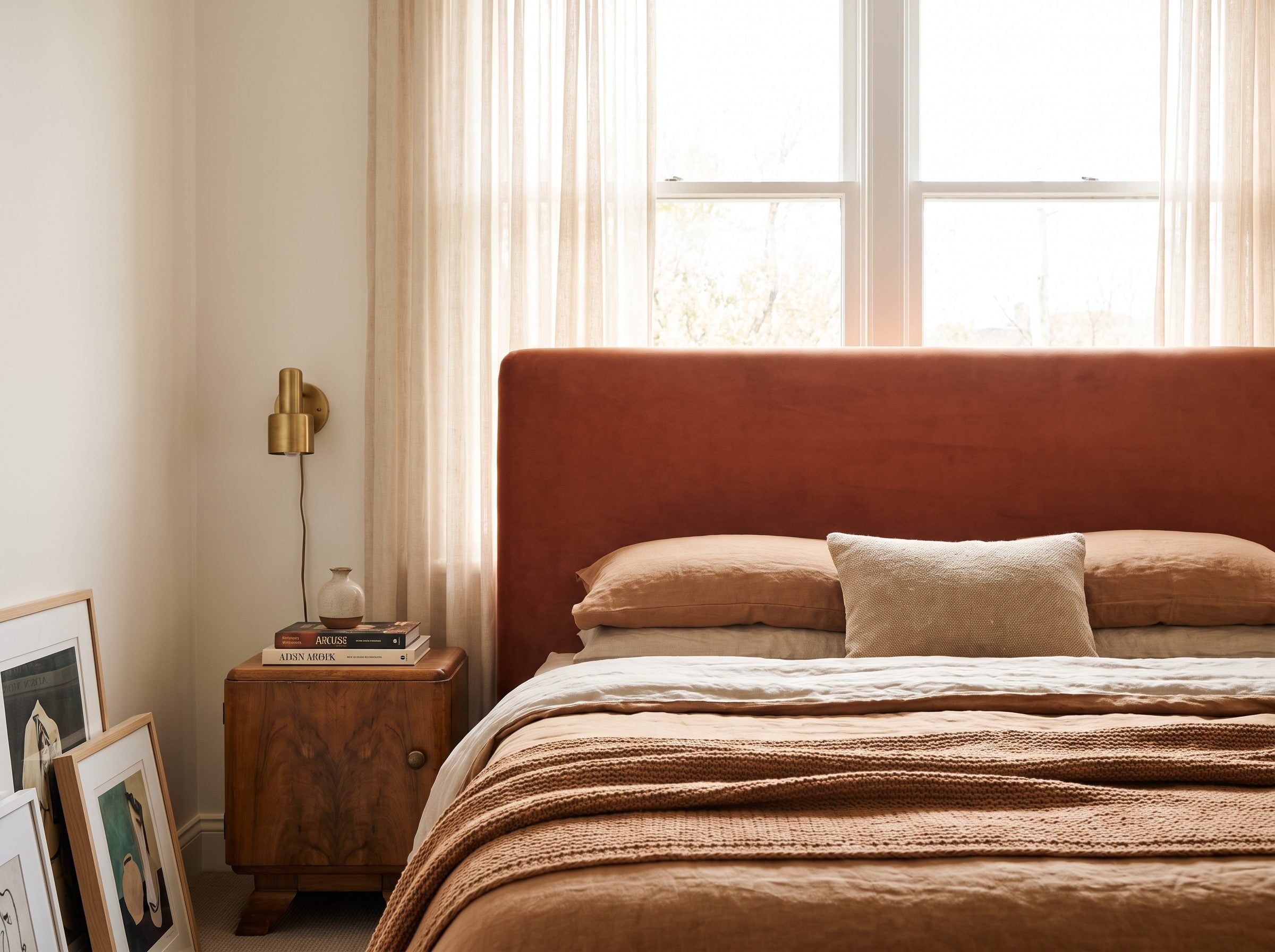 Bedroom with a taupe king headboard overlapping the lower quarter of a centered window, most of the glass visible above it