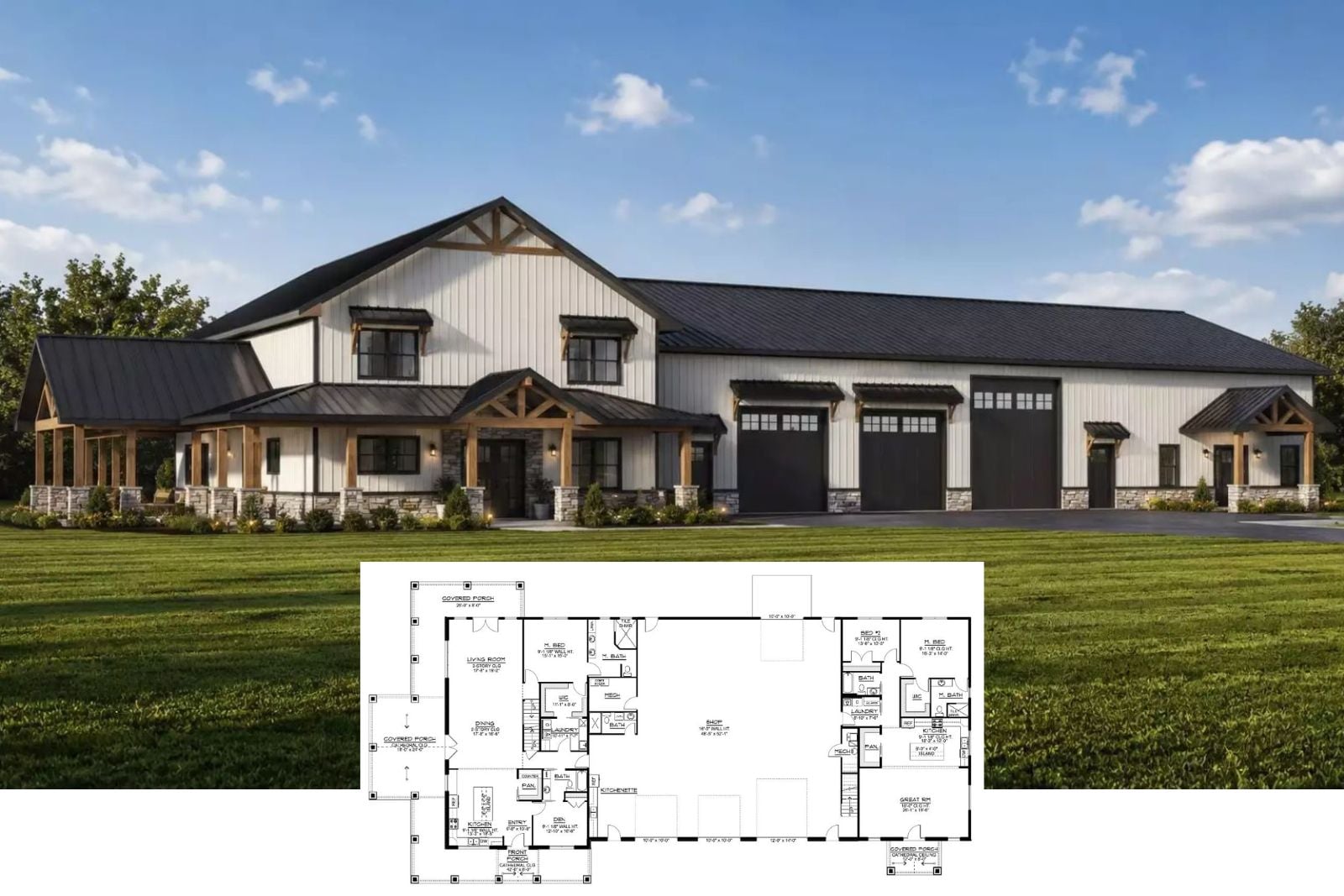 Bonchurch Close 5-Bedroom Barndominium House Plan with Wraparound Porch (4,741 Sq. Ft. Floor Plan)