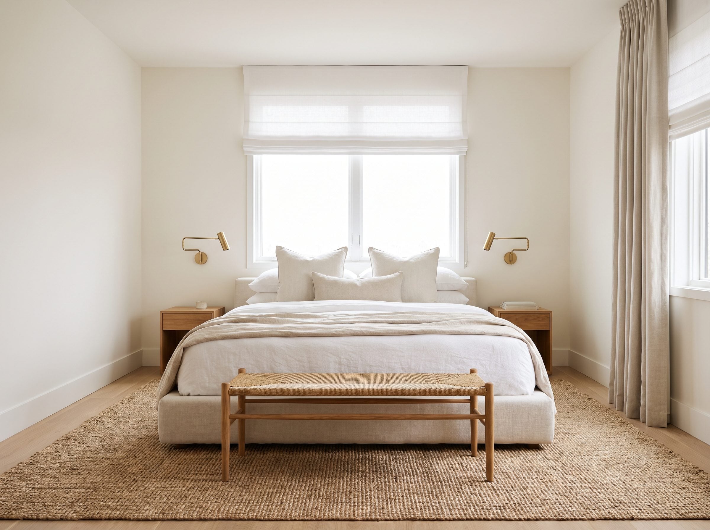 Bedroom with a low no-headboard bed centered under a five-foot window, oak nightstands and wall-mounted reading lights on