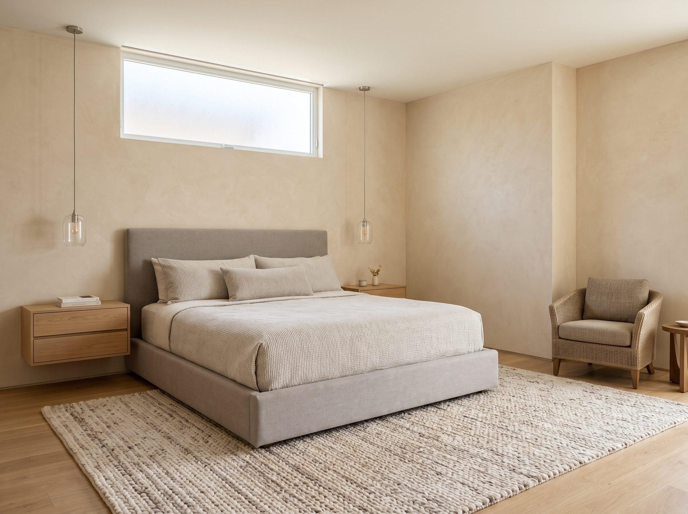 Contemporary bedroom with a king bed under a horizontal clerestory window whose sill sits about fourteen inches above the