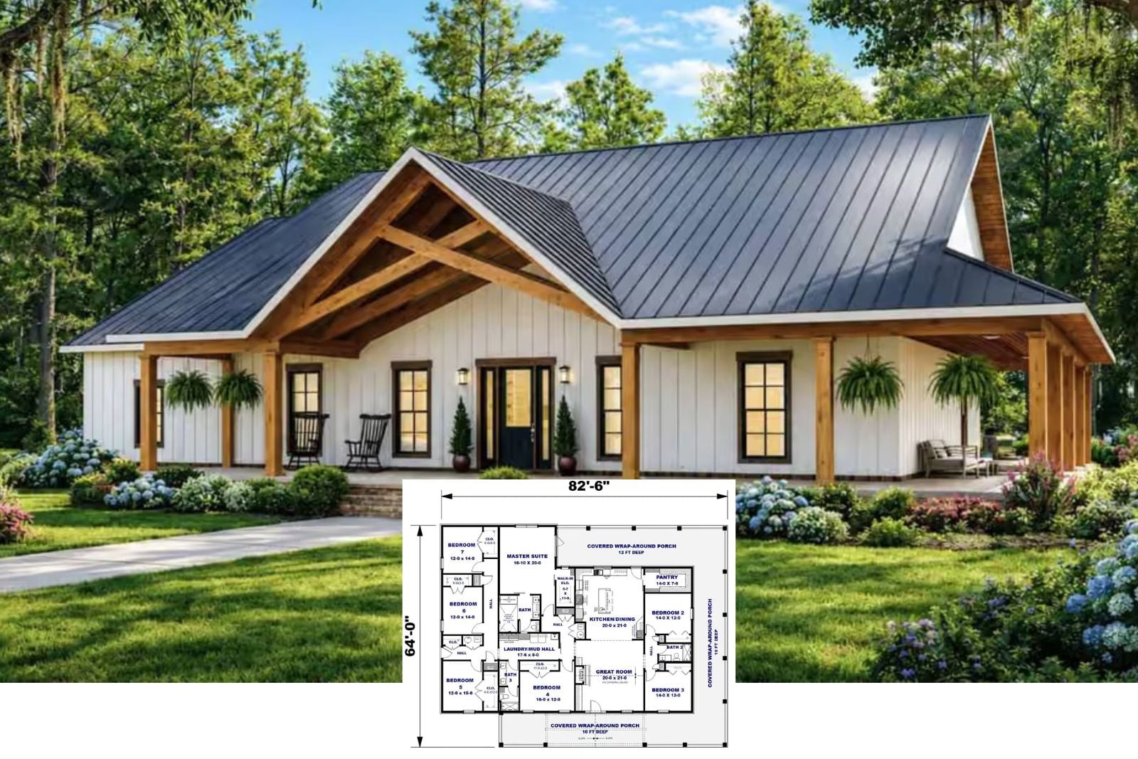 The Willowick 7-Bedroom Modern Farmhouse Layout with Wraparound Porch (3,443 Sq. Ft. Floor Plan)