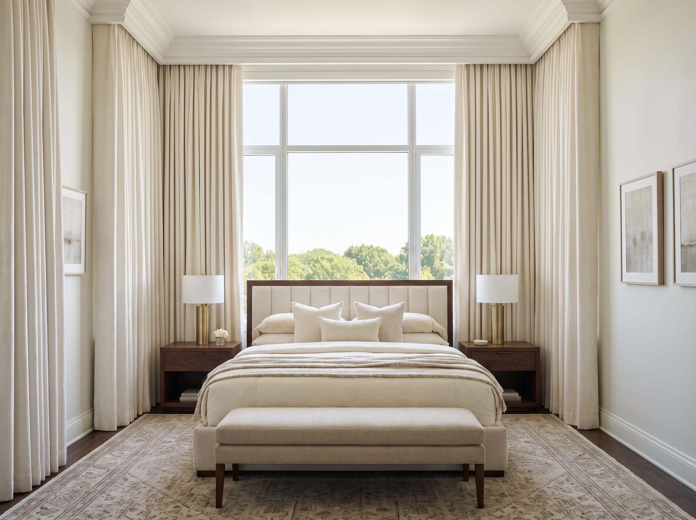 Bedroom with a king bed centered under a window and ivory drapery hung at the ceiling and extended about ten inches past