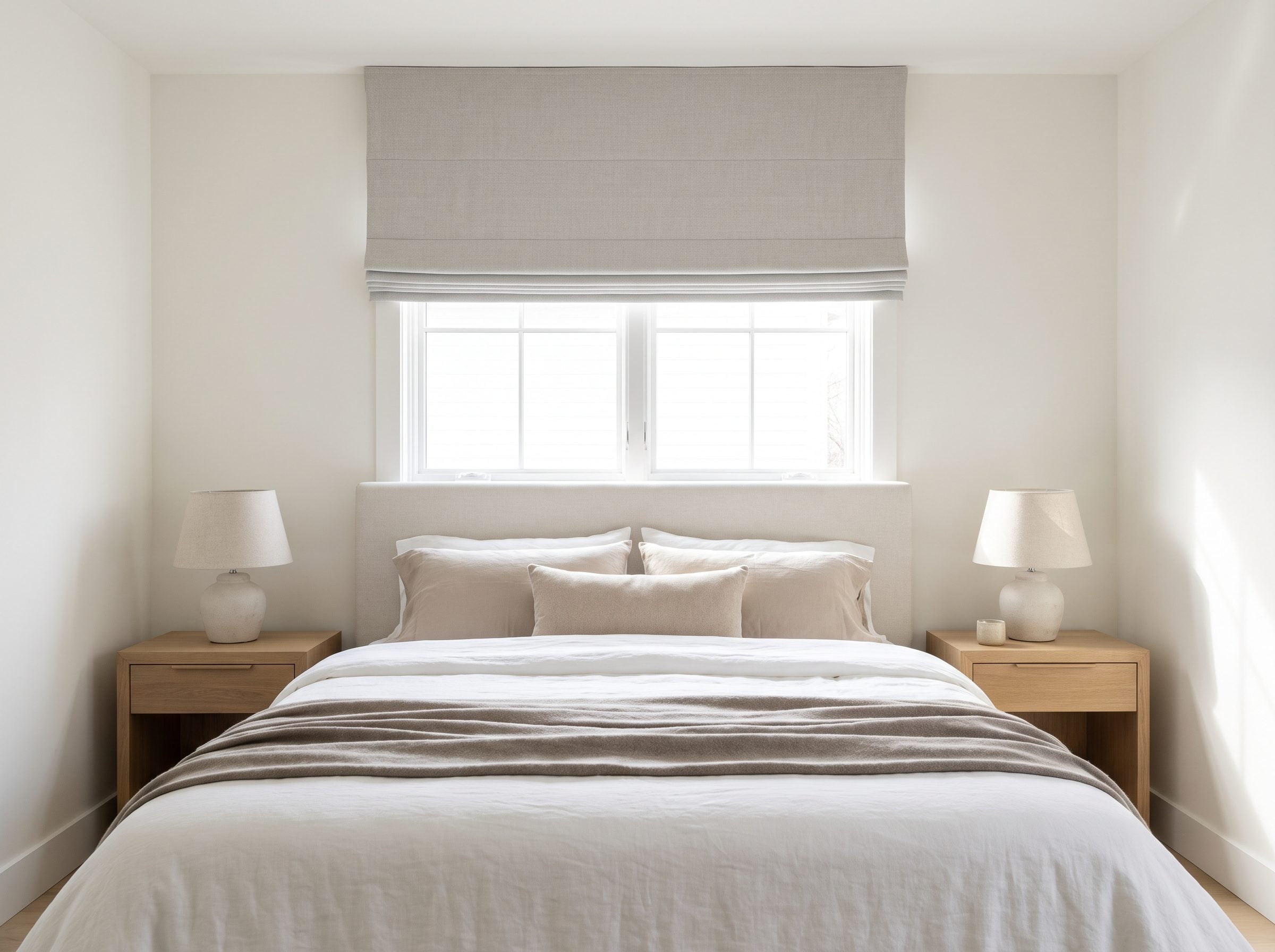 Bedroom with a queen bed under a centered window fitted with a woven Roman shade raised two-thirds, its folds stacking above