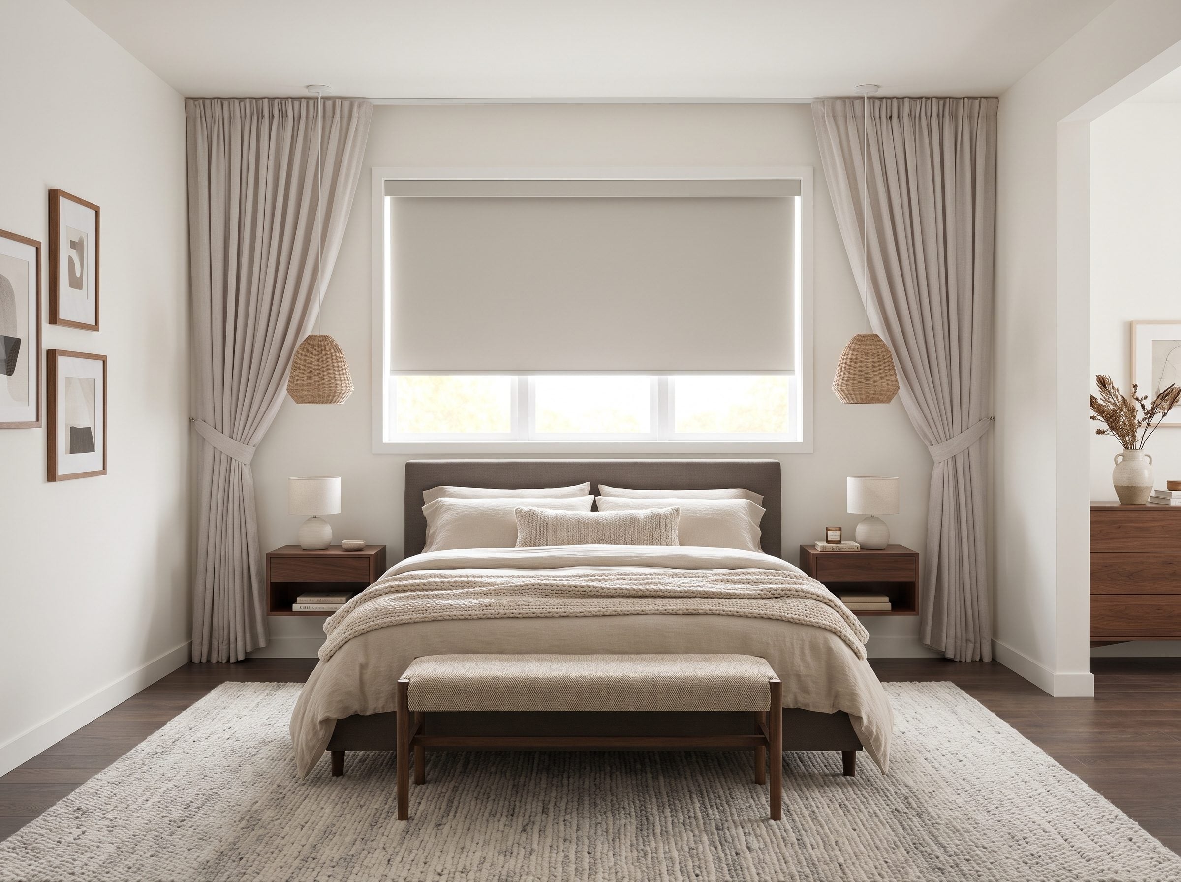 Contemporary bedroom with a king bed centered under a window that has a recessed blackout roller shade lowered two-thirds of