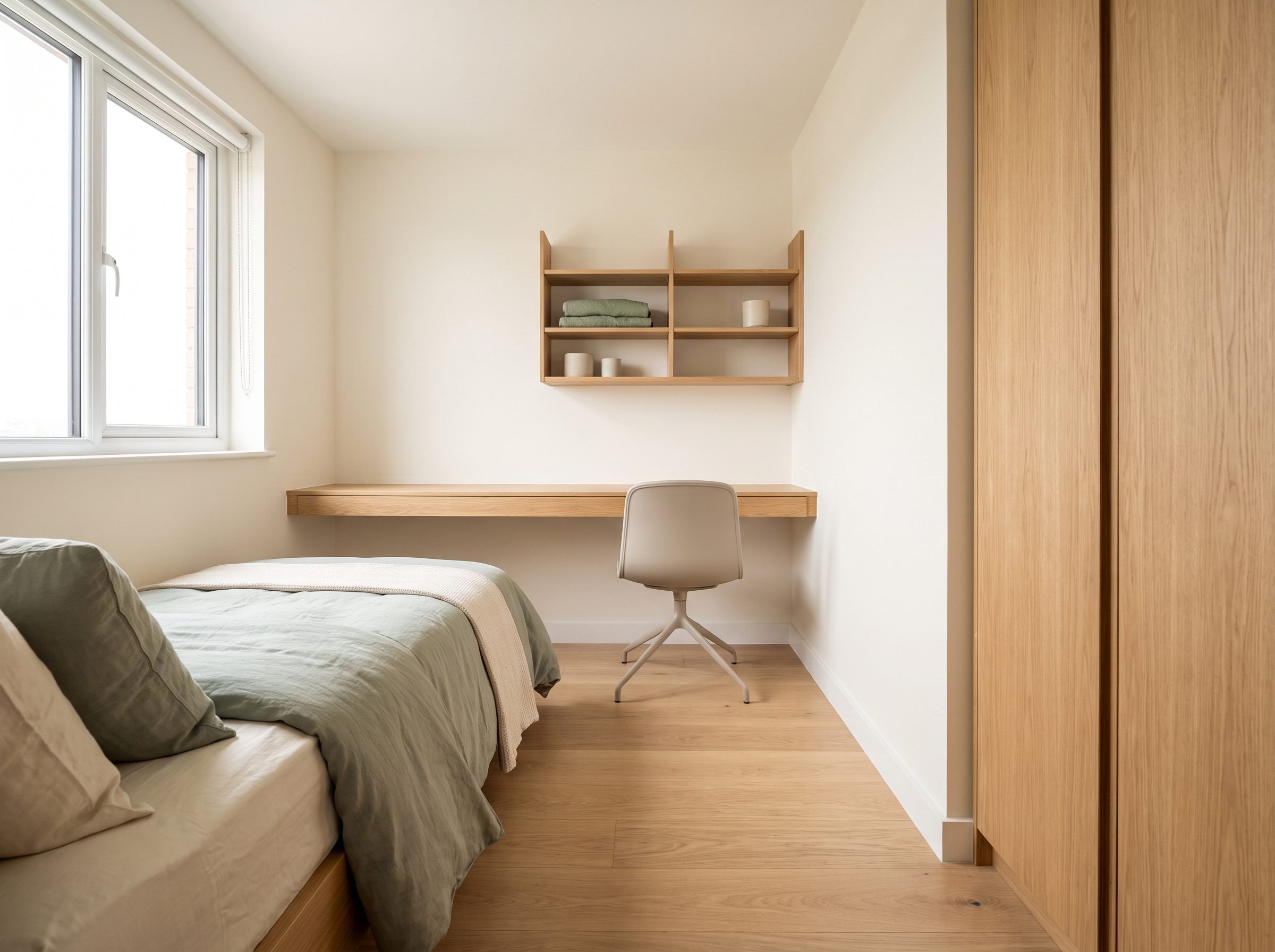Compact bedroom with an 18-inch-deep floating desk mounted flush to the right wall and a queen bed against the left wall,