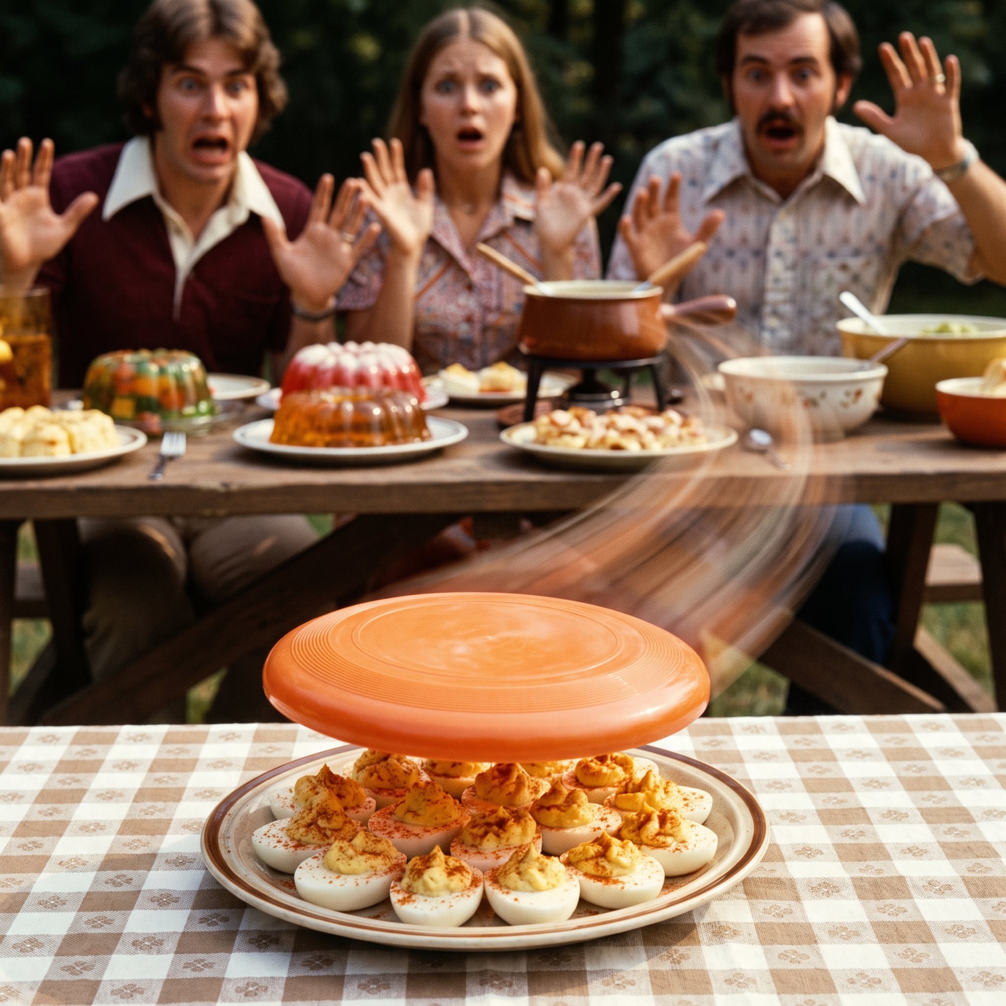 Frisbee flying across a backyard near a barbecue food table
