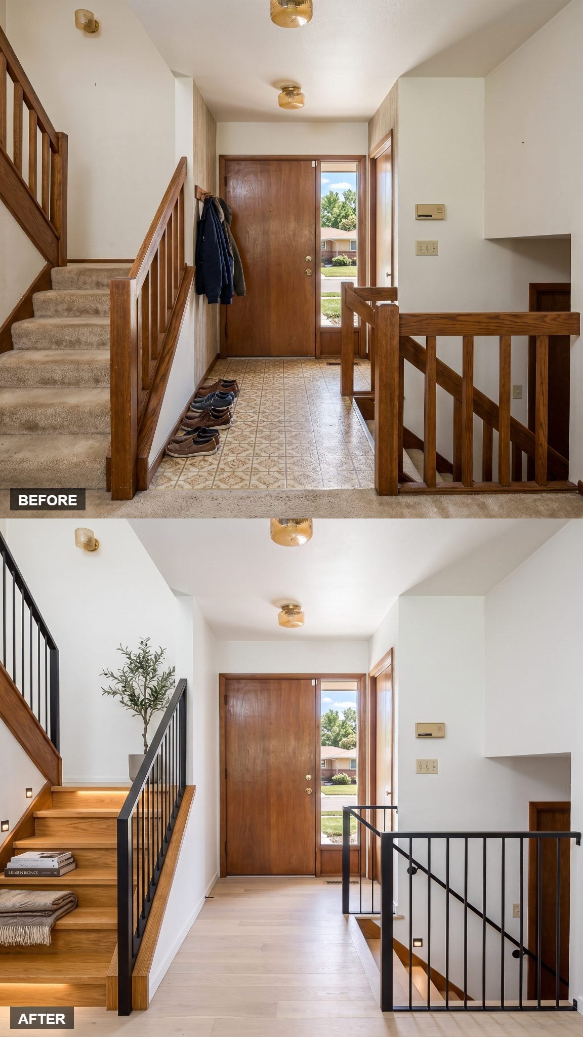 Blackened steel stair railings in a renovated split-level foyer