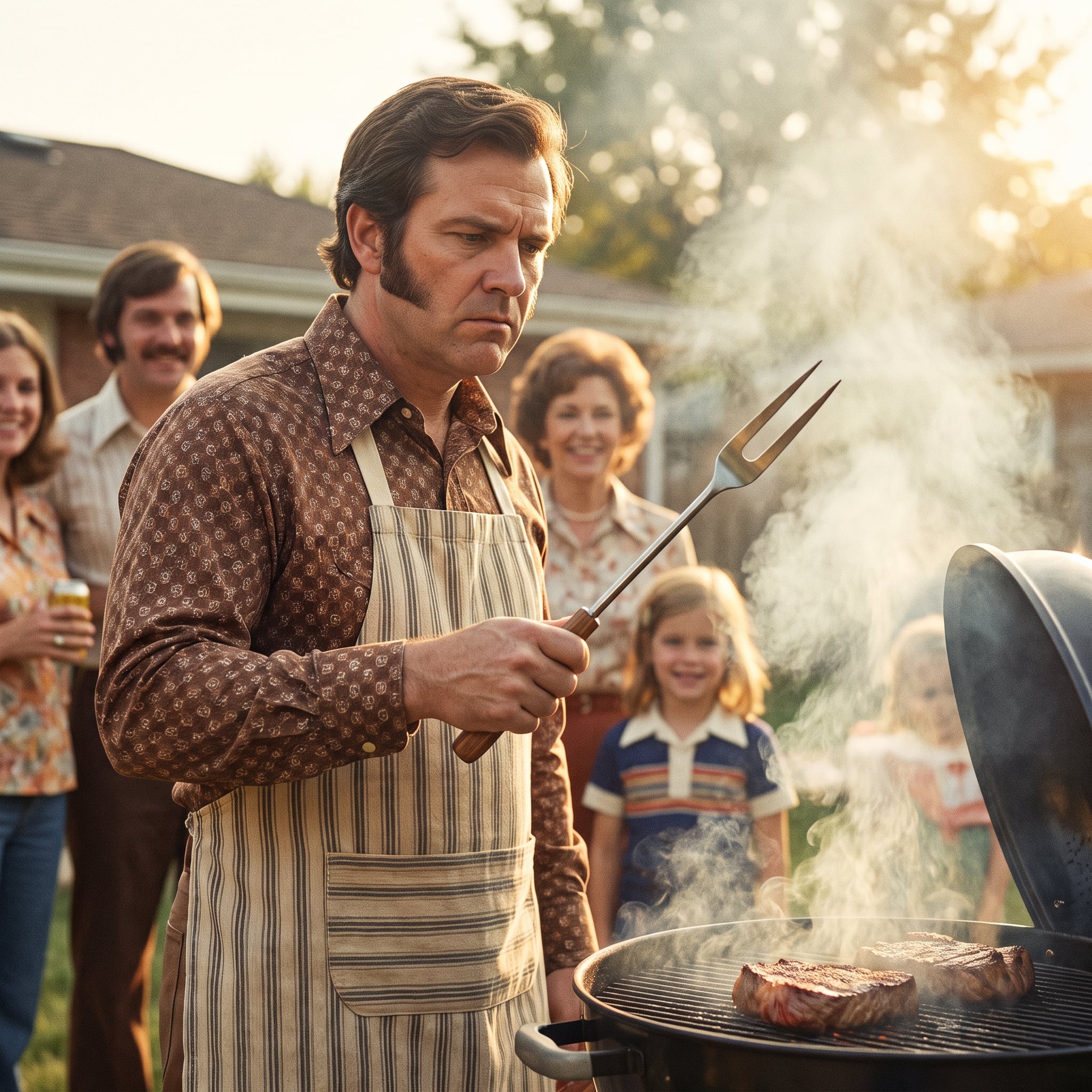 Backyard cook tending a charcoal grill with an extra-long barbecue fork